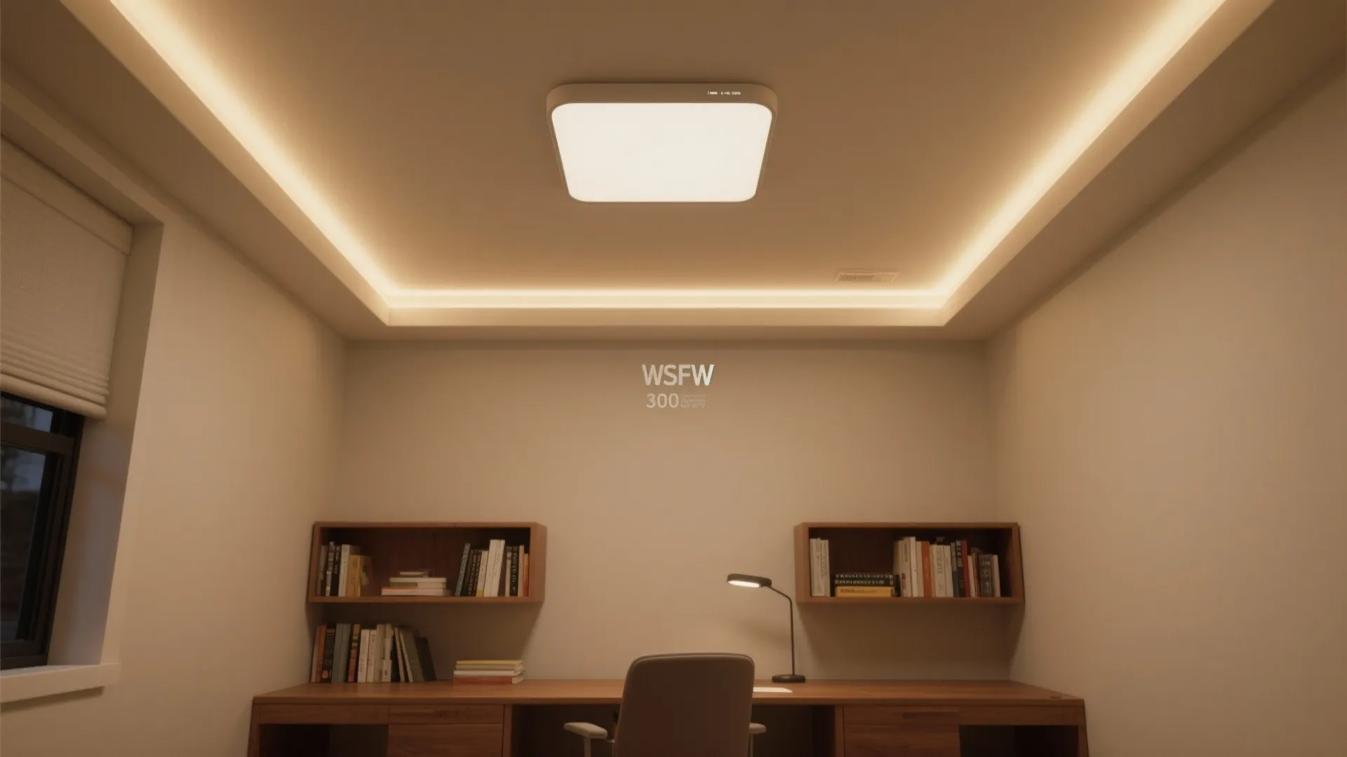 Modern study room with a square ceiling light hidden warm lighting wood desk and bookshelves