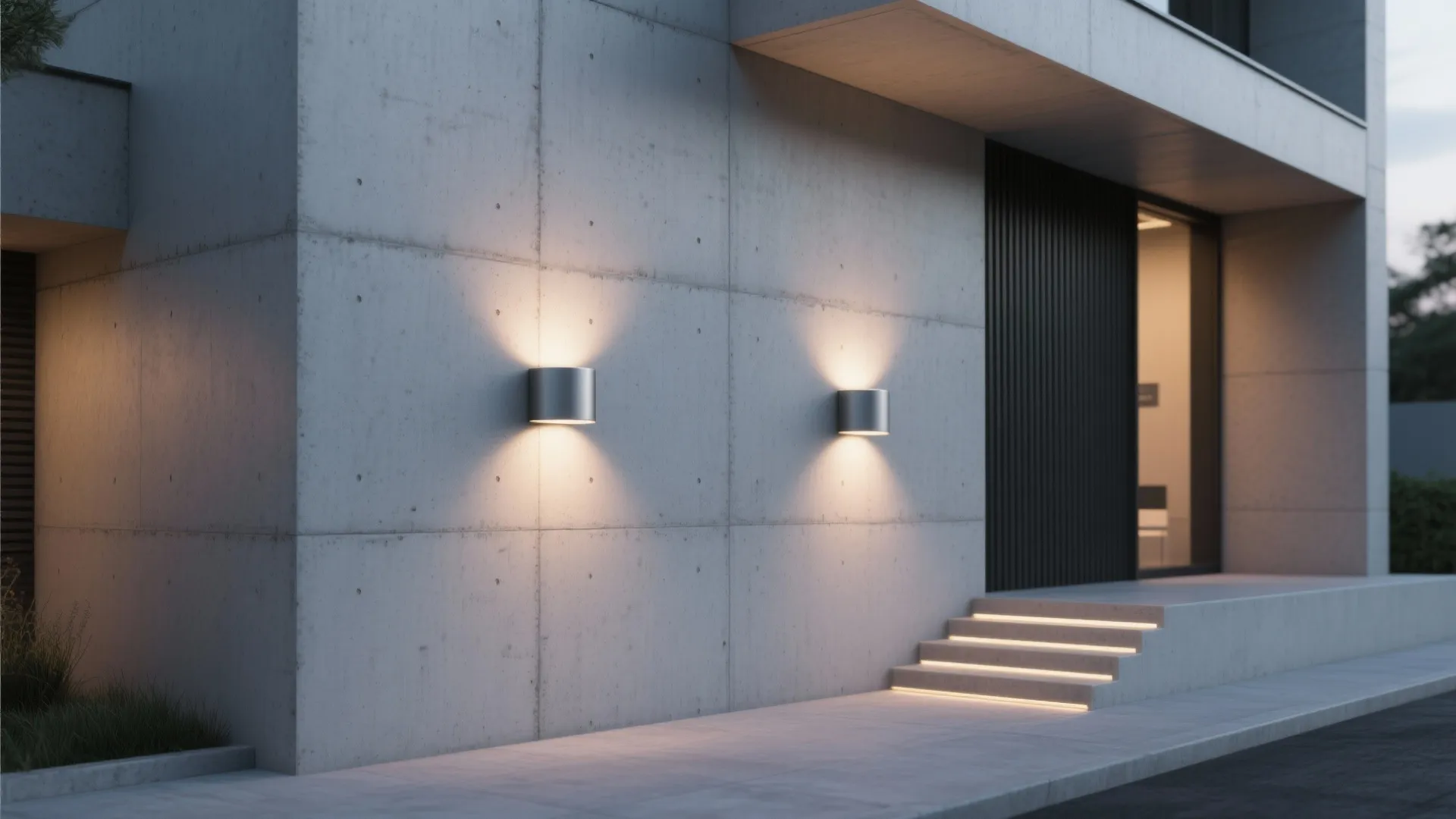 Modern concrete exterior wall with two round silver wall lights and glowing steps at night