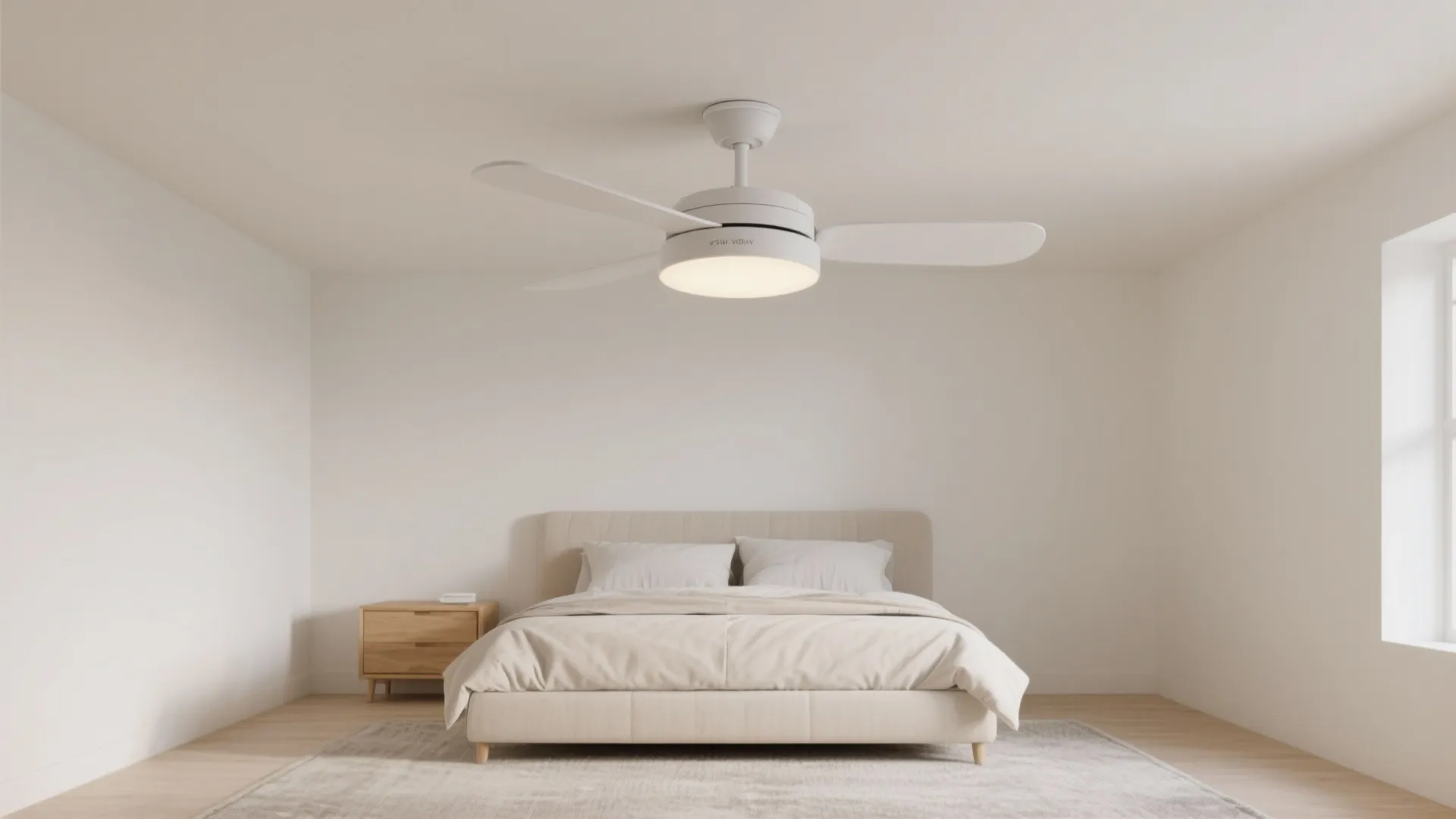 Minimalist bedroom design with large bed grey rug bedside table and white ceiling fan light