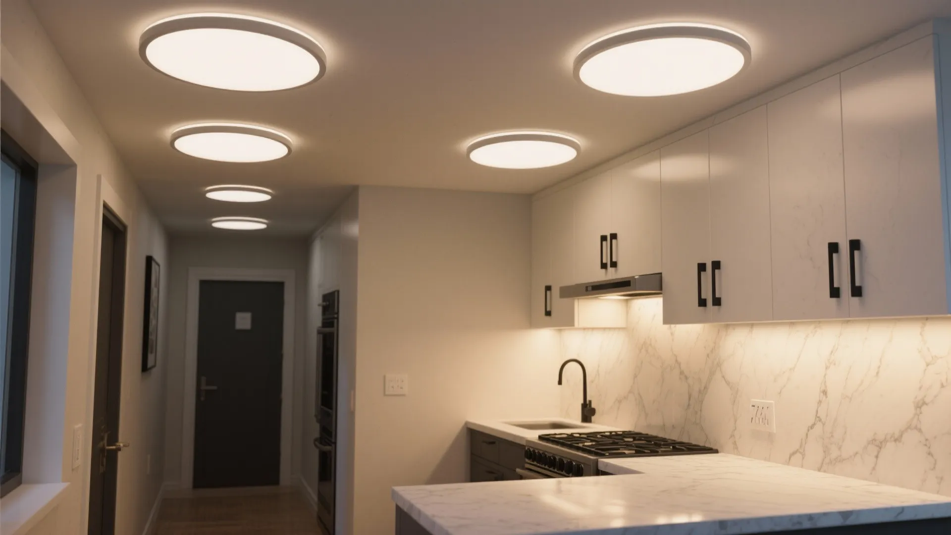Small kitchen with low ceiling using slim flush-mount LED discs for wide, soft illumination.