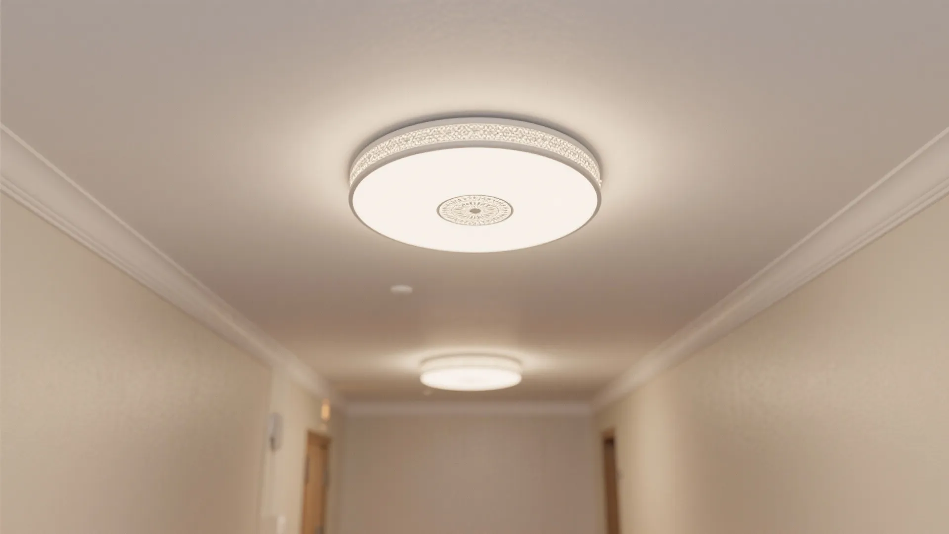 Small hall with modern flush disc light and subtle same-color micro-medallion ring.