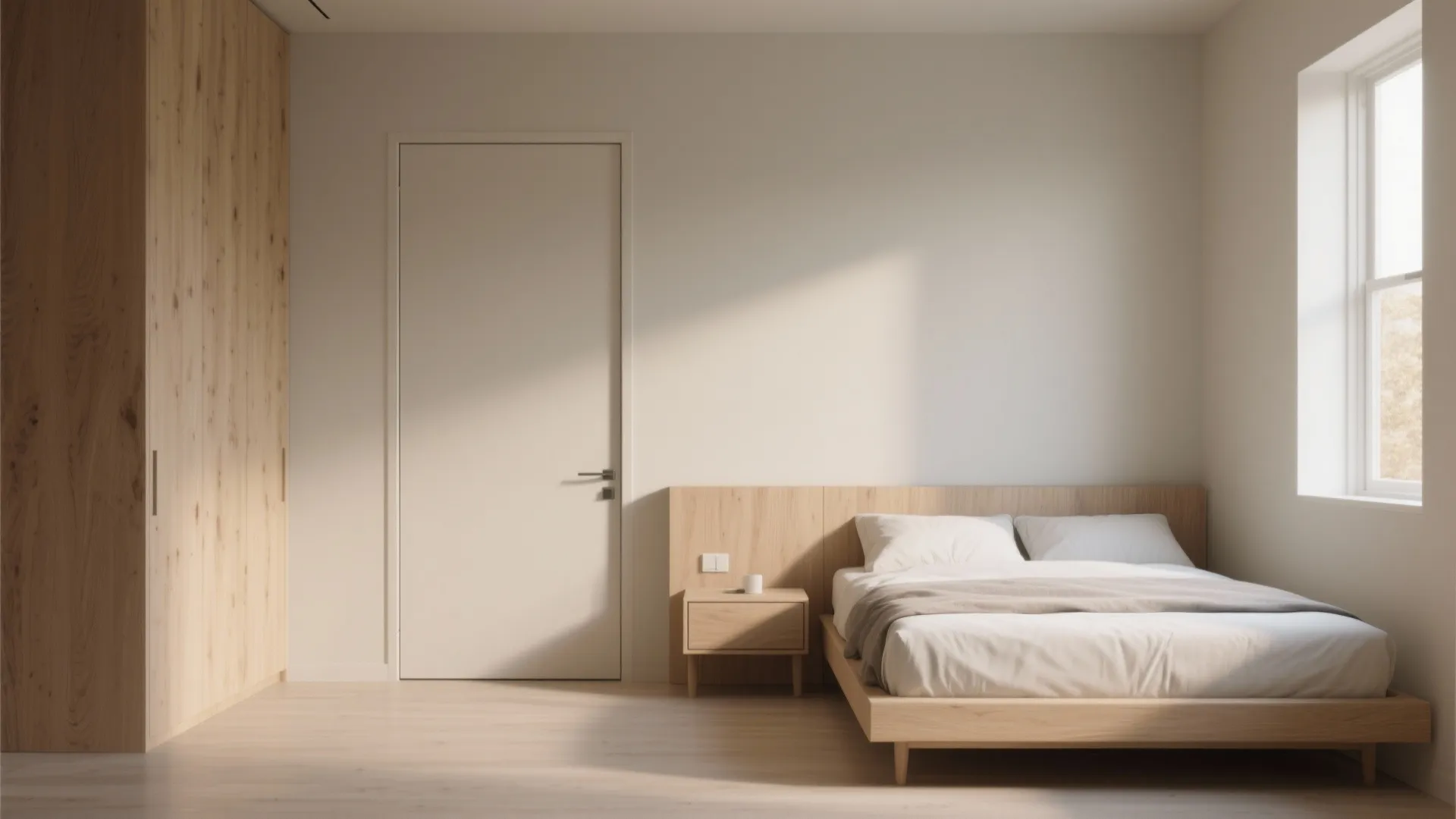 Minimalist bedroom interior design featuring white flush door wooden bed light wood wardrobe and window