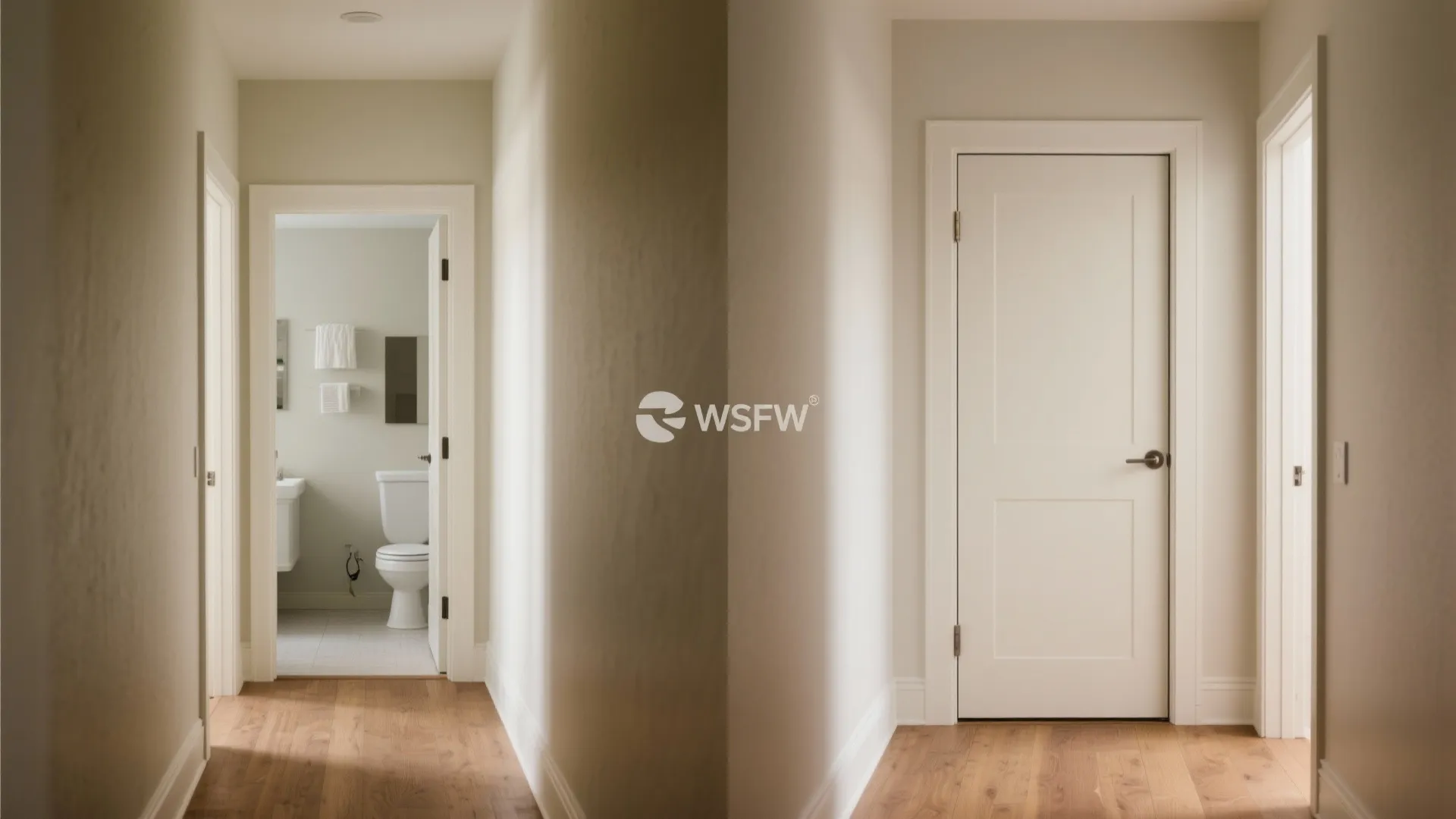 Before-and-after: a cased bathroom door vs. a seamless flush concealed door in a small hallway.