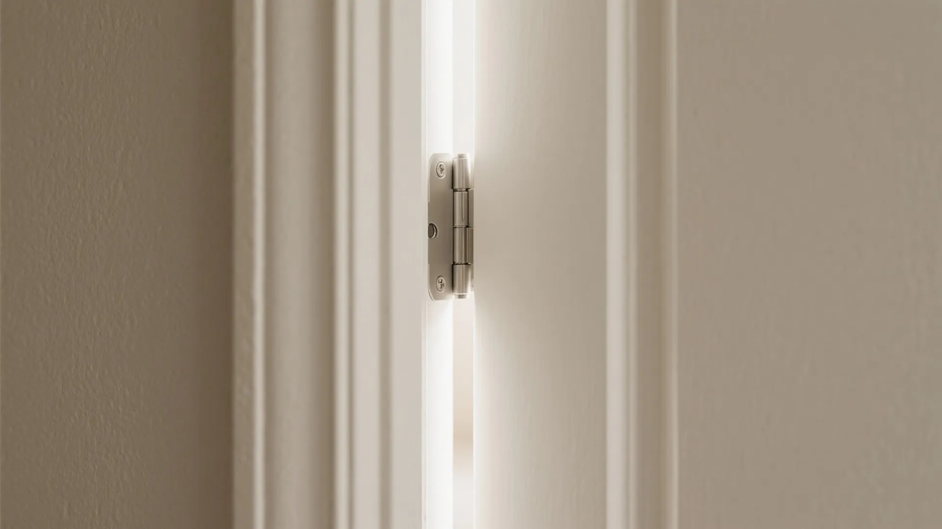 Close-up of a tight reveal on a flush concealed bathroom door with matching eggshell paint.