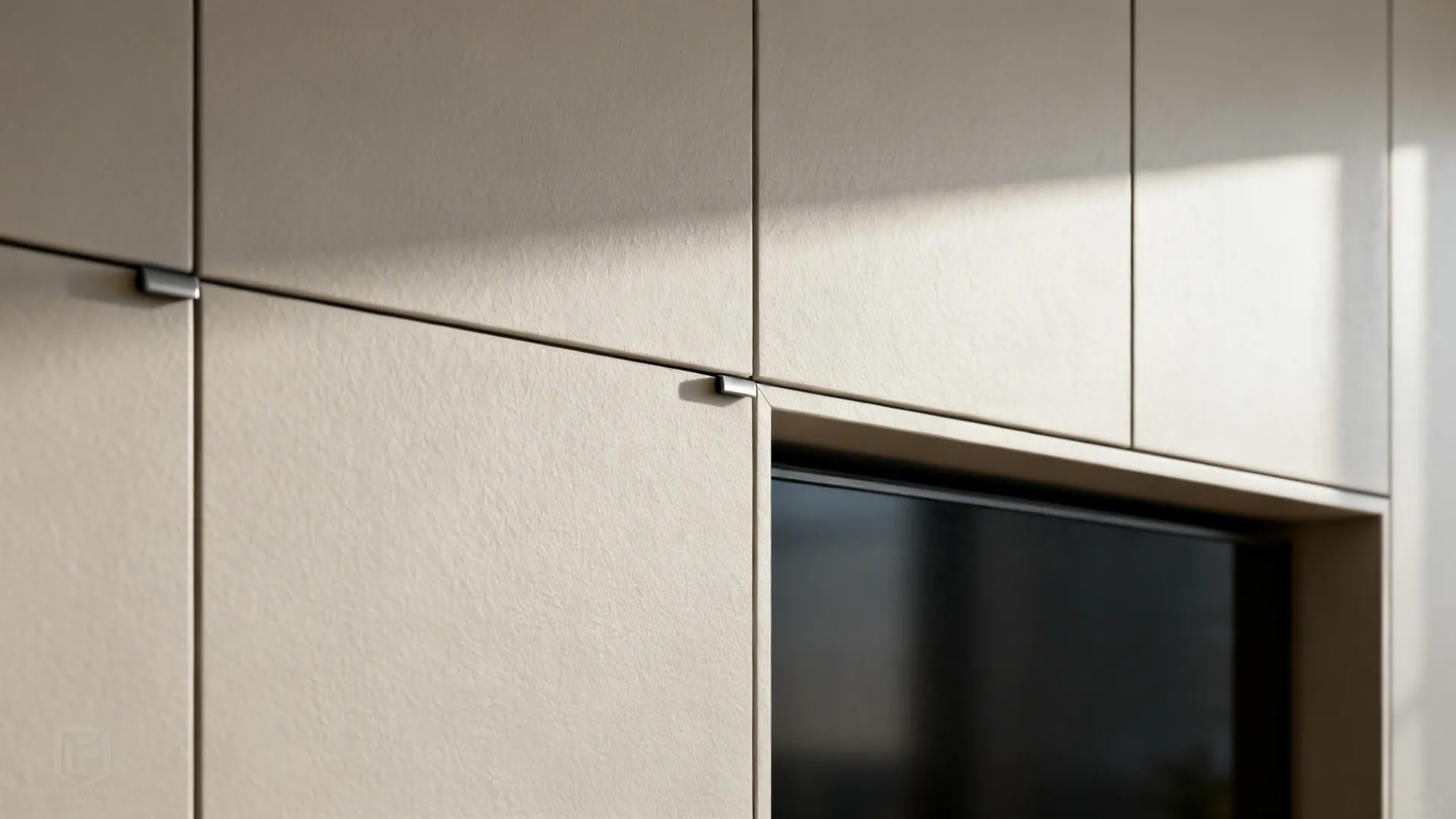 Close-up of minimal flush cabinet doors with push-latch and tight reveals around a TV niche.