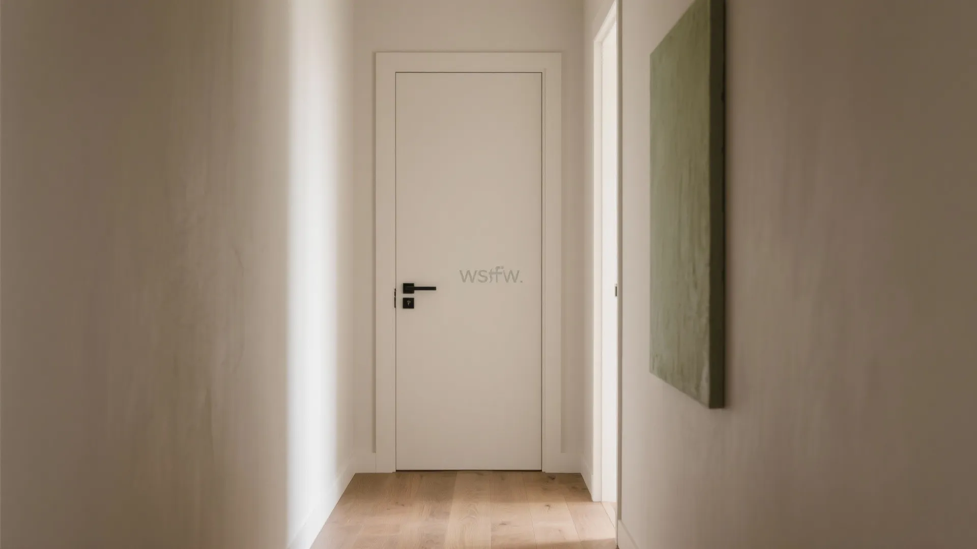 Simple white door at end of narrow hallway with light wood flooring and green art