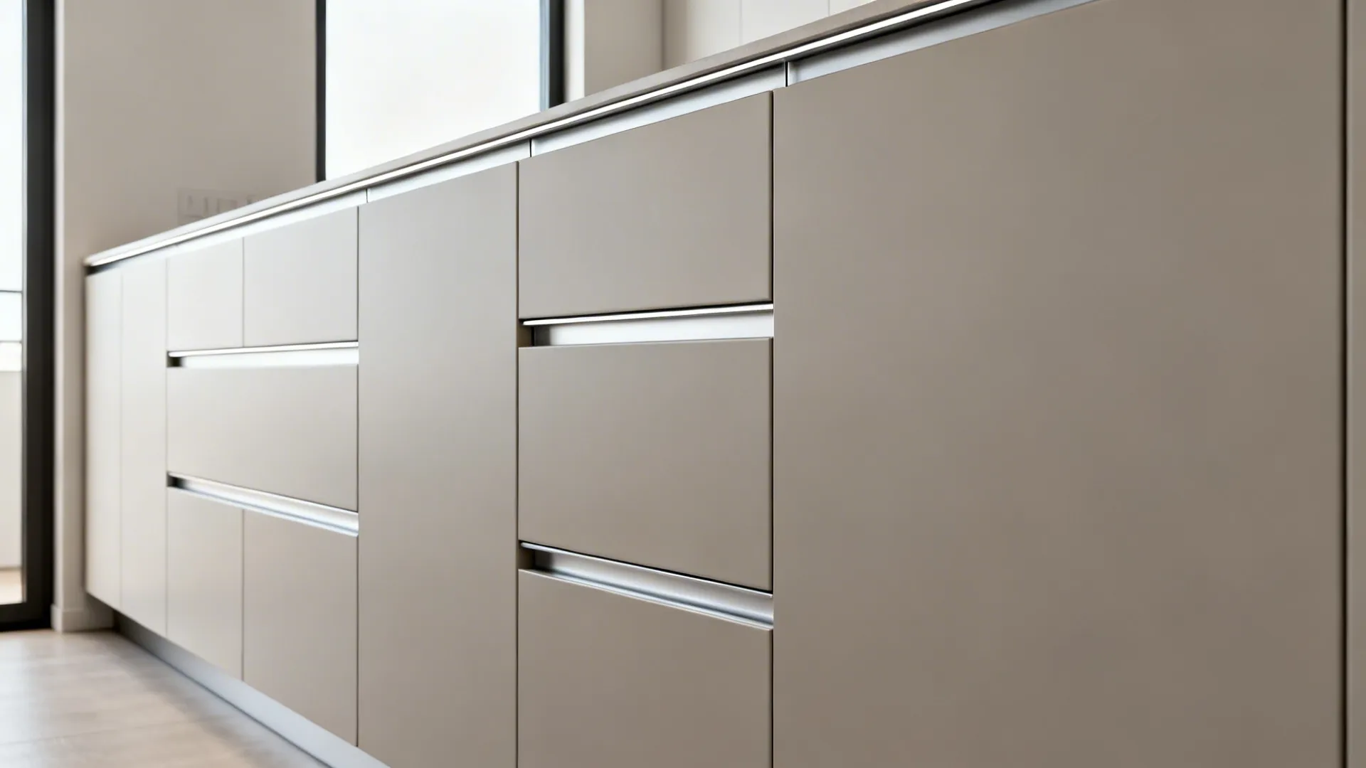 Minimalist flush kitchen doors with integrated finger groove pulls and matte finishes in a compact layout.