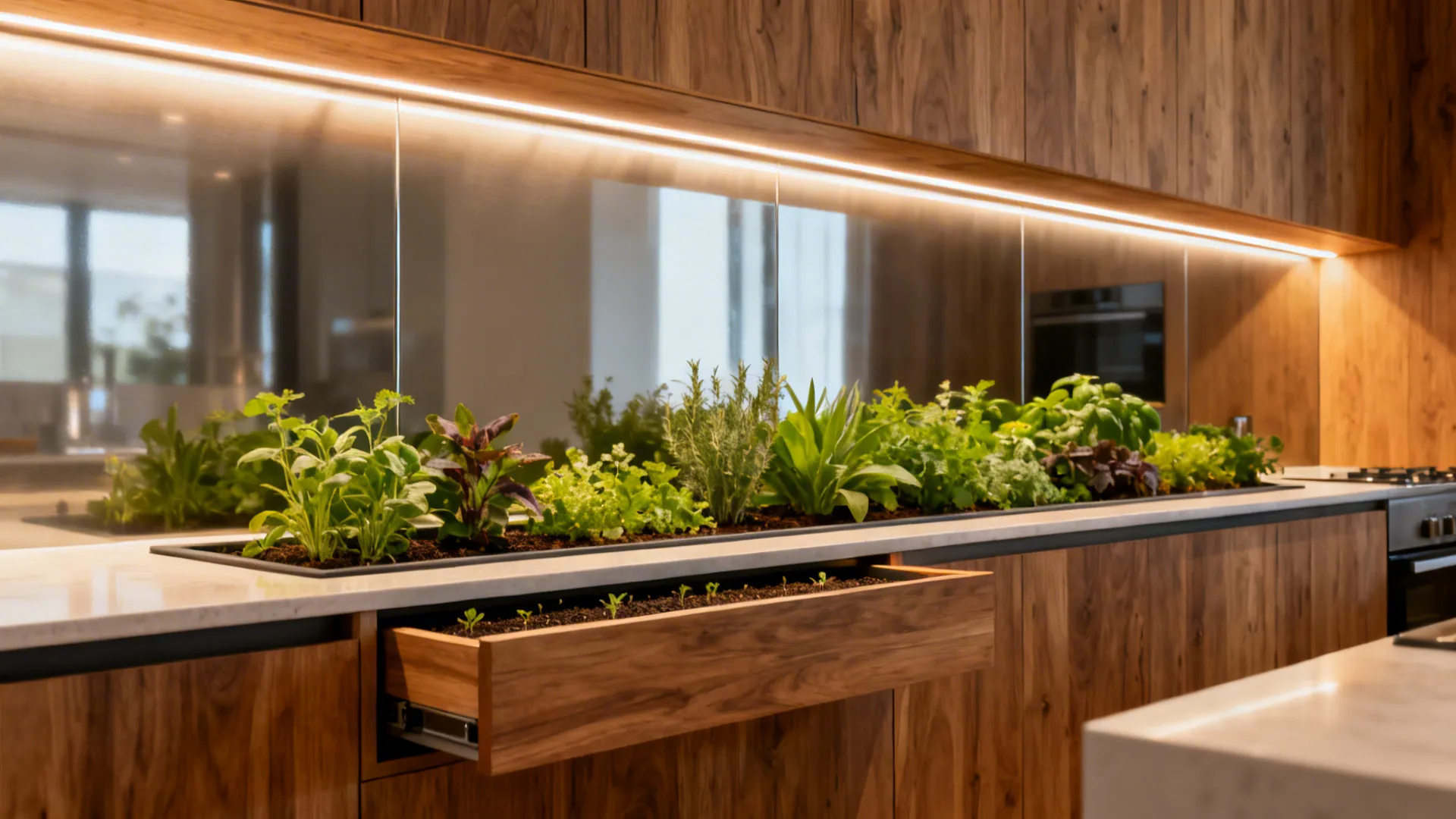 A built-in drawer-depth planter sits flush at the backsplash line with herbs under soft lighting.