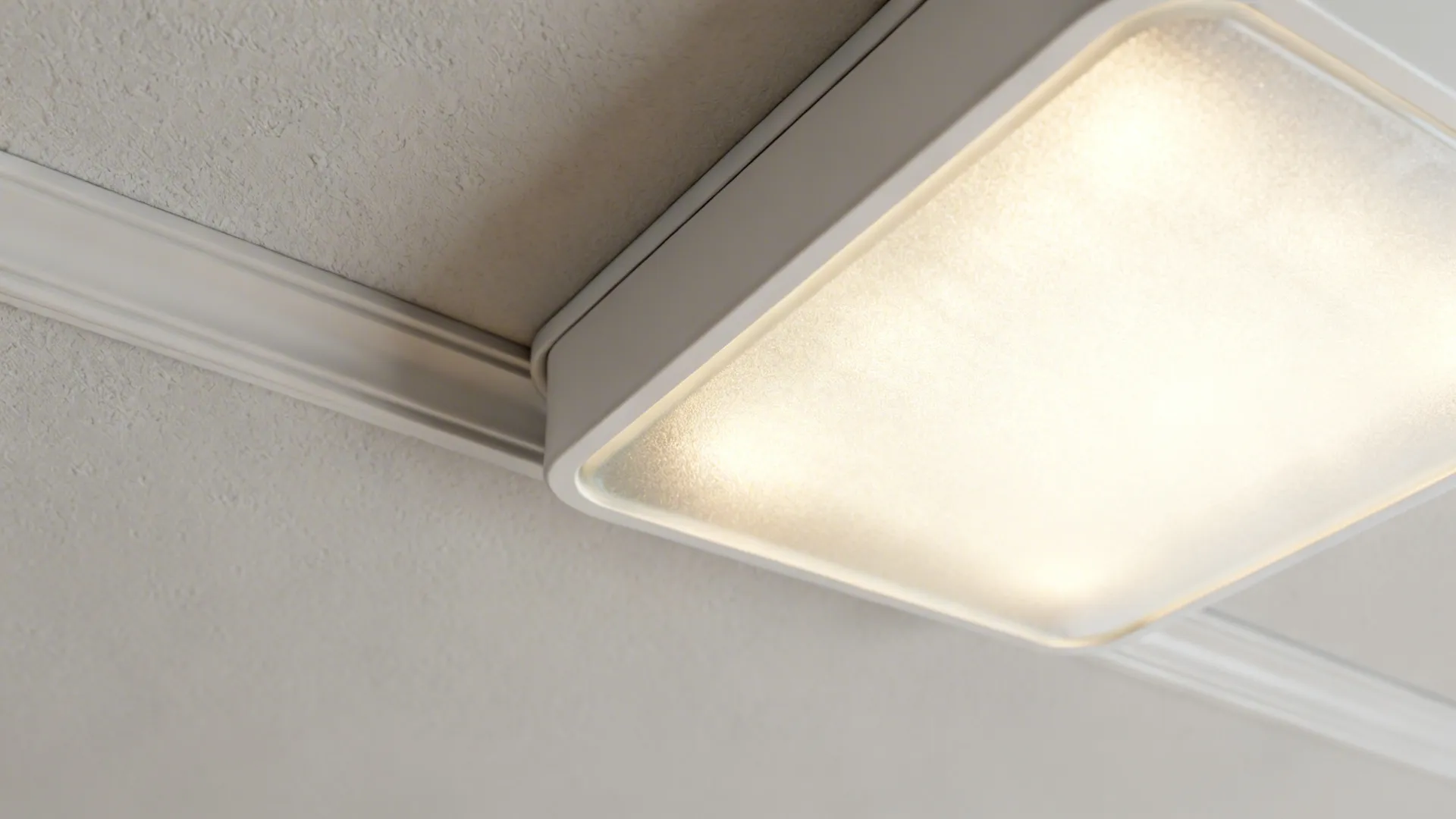 Close-up of a flush-mount ceiling fan with integrated LED and seamless trim against a painted ceiling.