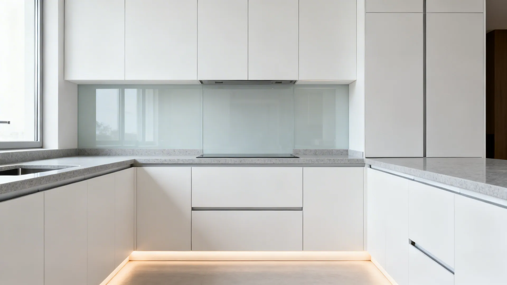 Handleless flush-front cupboards with soft white matte finish and glass backsplash in a compact galley.