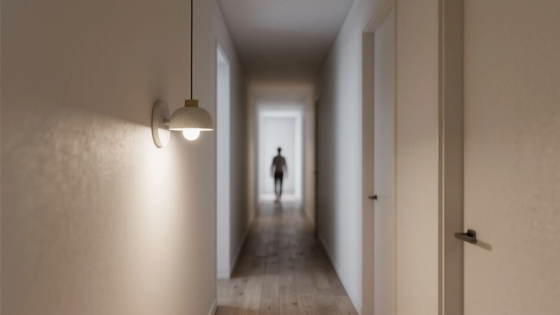 Narrow hallway with a low-profile flush-mount pendant bracket providing soft ambient light.