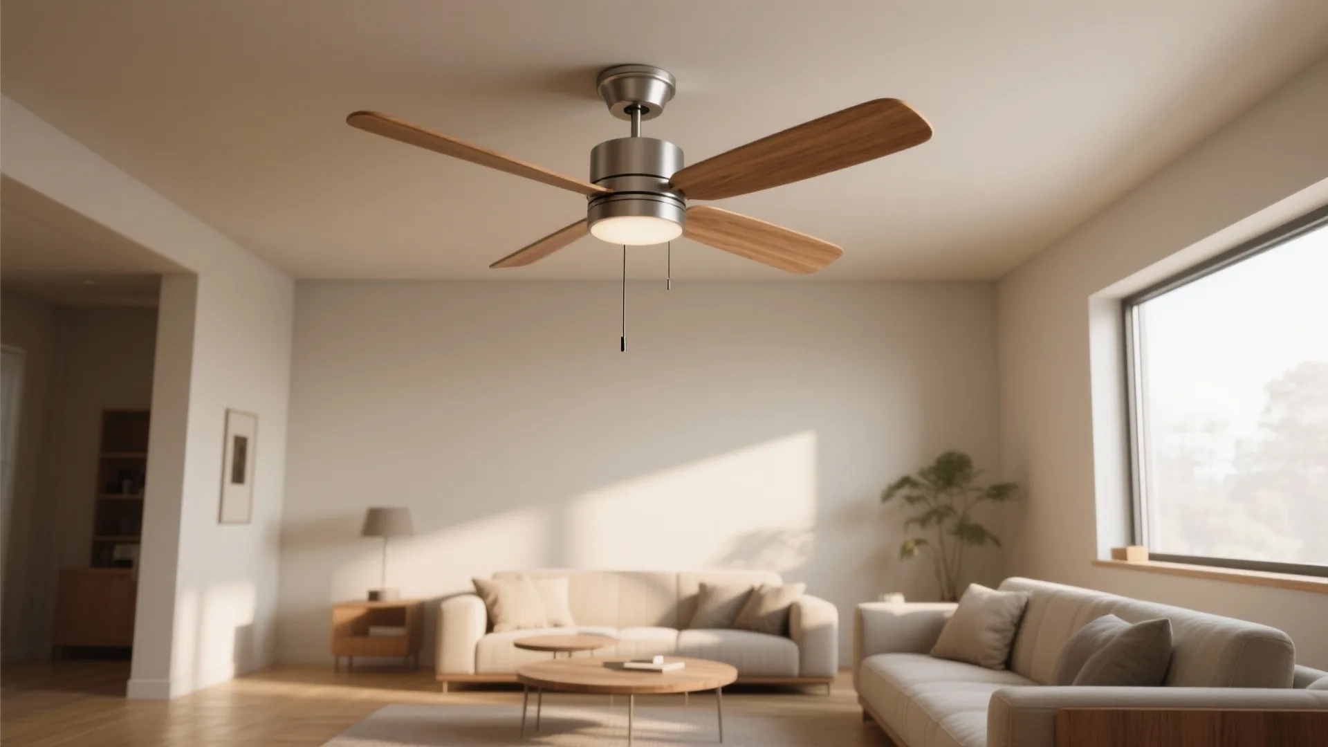 Modern silver ceiling fan with wooden blades in a bright minimalist living room with white sofas
