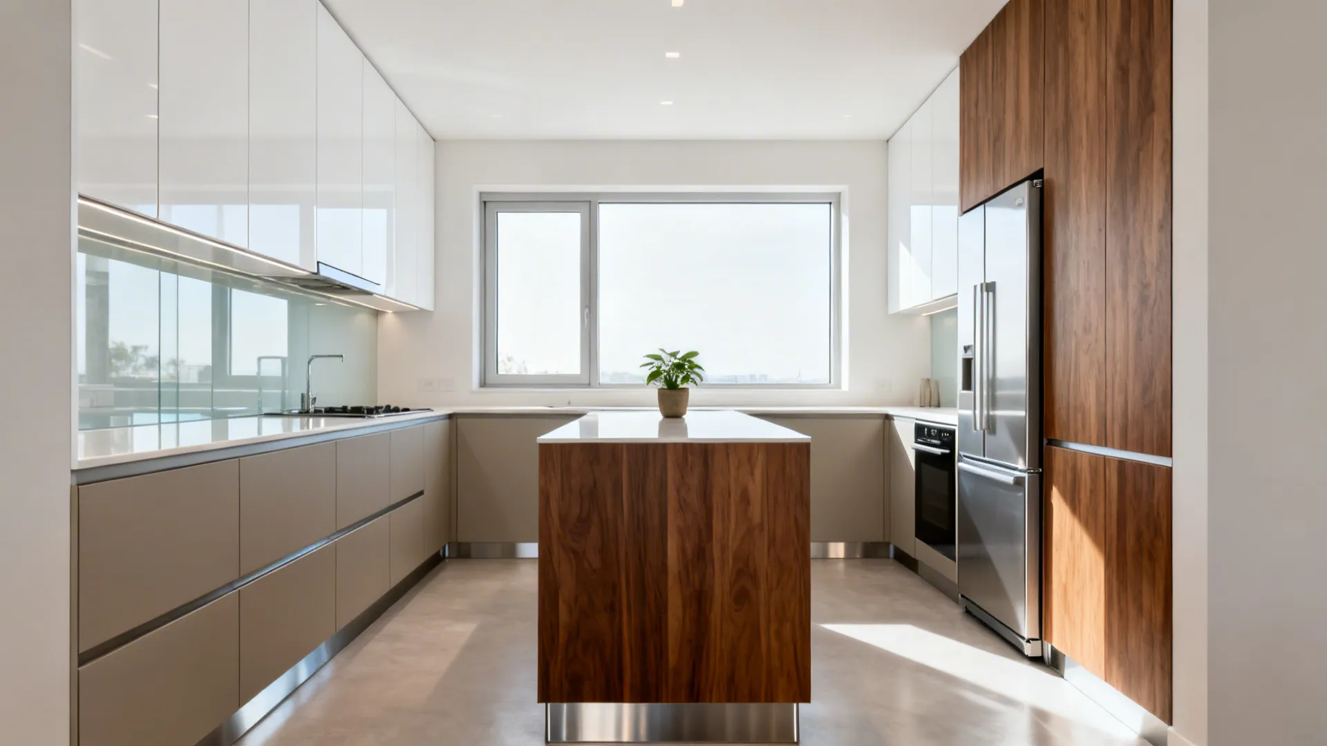 Modern kitchen with wood island white upper cabinets grey cabinets silver fridge and a window