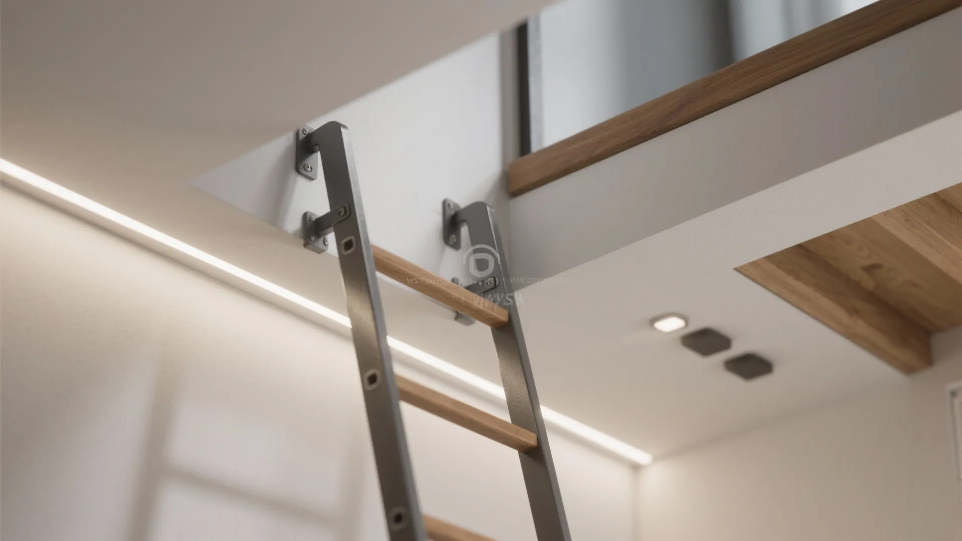 Close up of a wooden ladder with metal frames leading to a loft with light strips