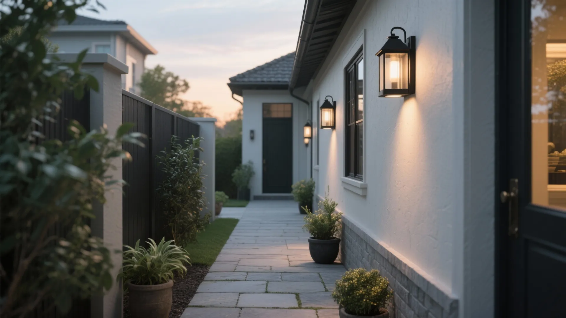 Narrow walkway illuminated by low-profile flush-mount black lanterns providing even task lighting.