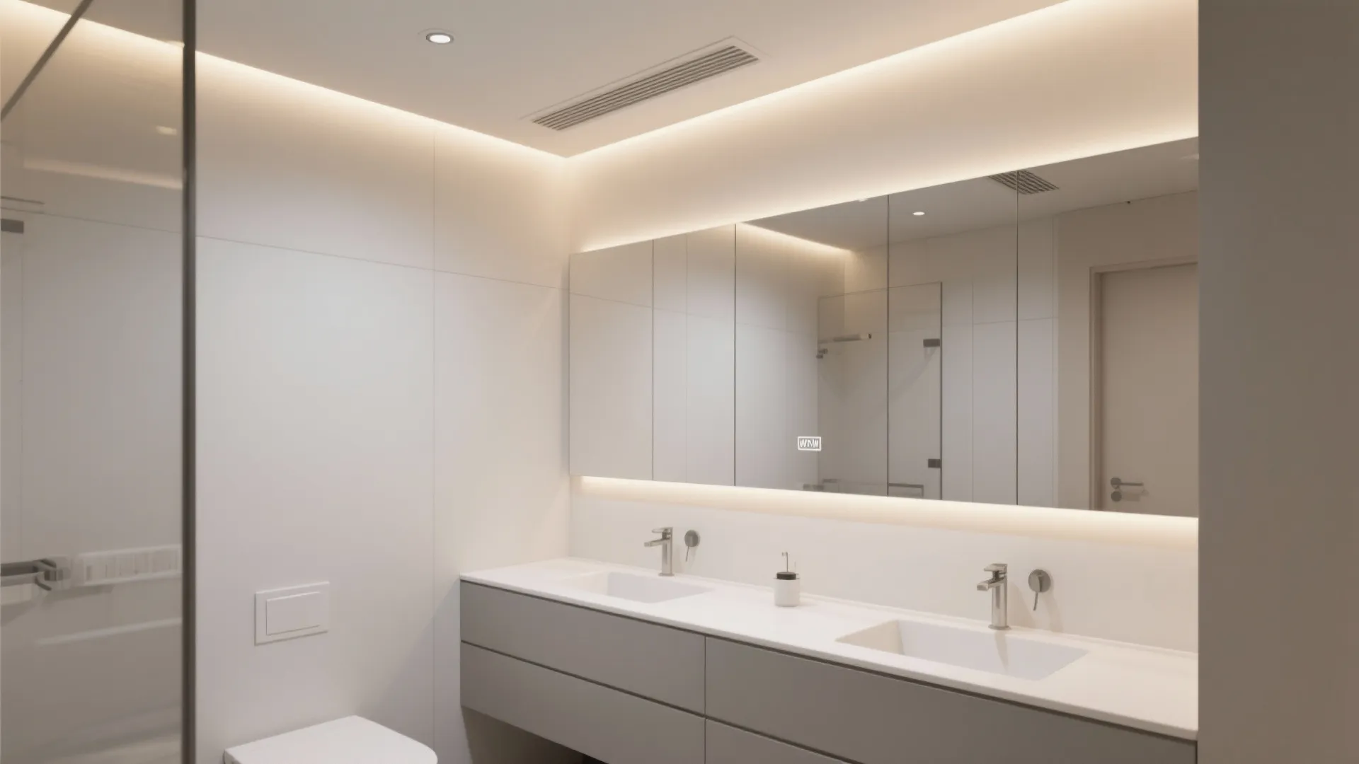 Minimalist bathroom interior design with grey cabinet white sink large mirror and warm hidden lighting