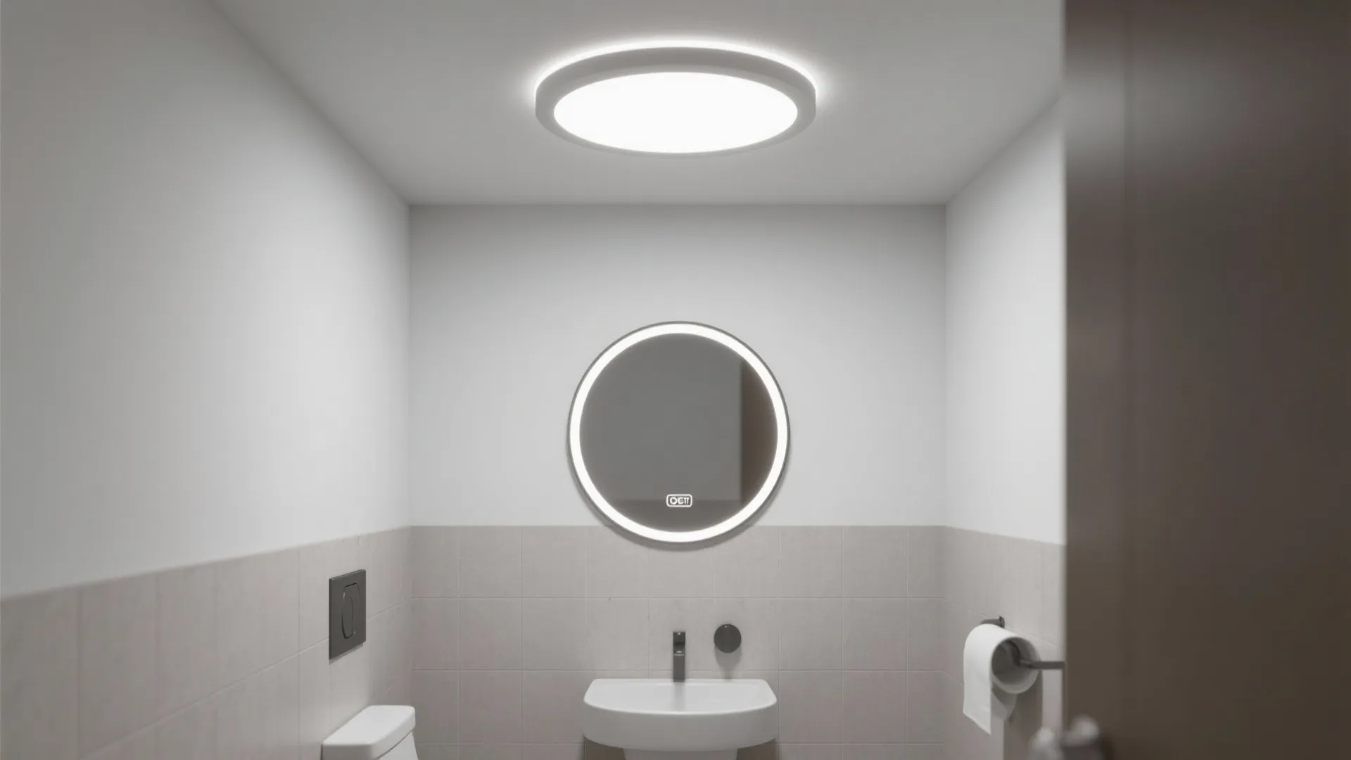 Modern bathroom featuring a round ceiling light round mirror sink toilet and light grey tiles