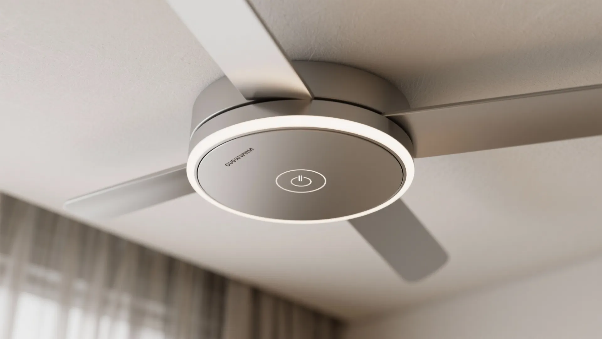 Close-up of a slim flush-mounted LED ceiling fan with integrated dimmer