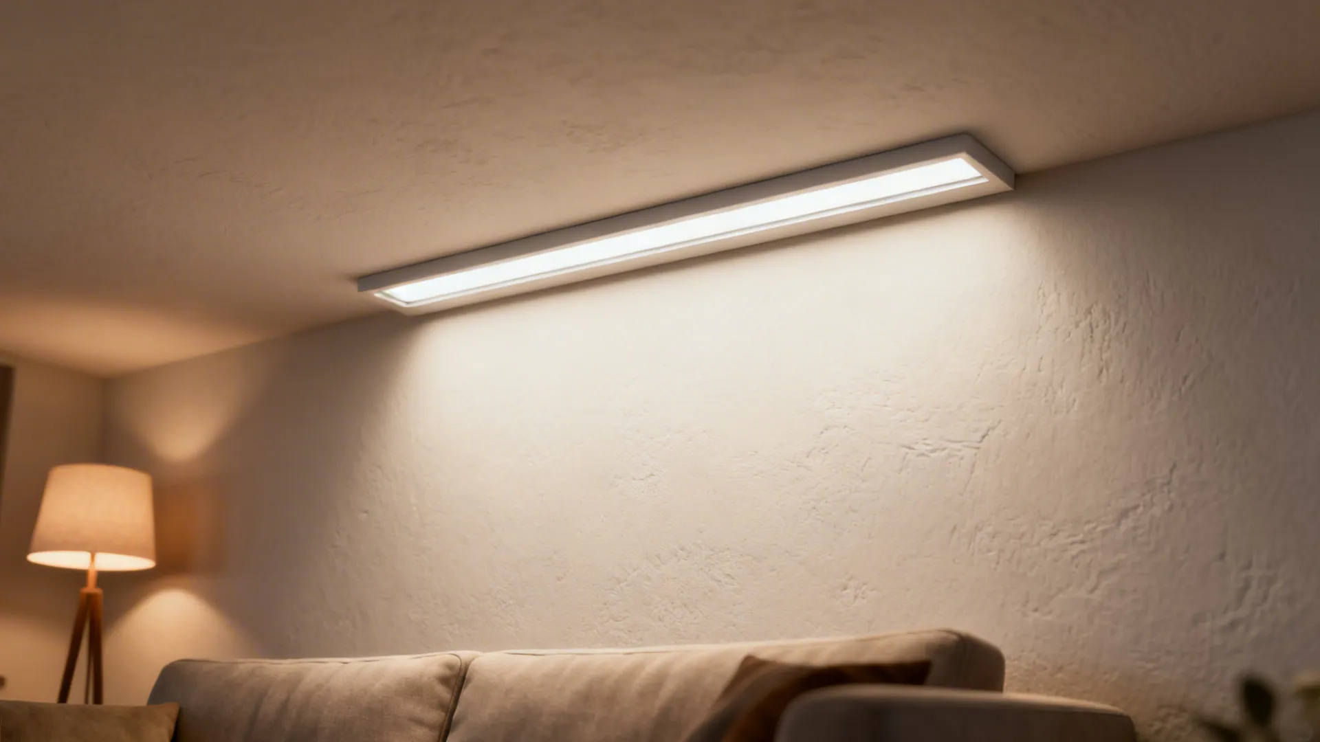 Slim flush-mount LED panel in a minimalist living room ceiling casting even soft light.