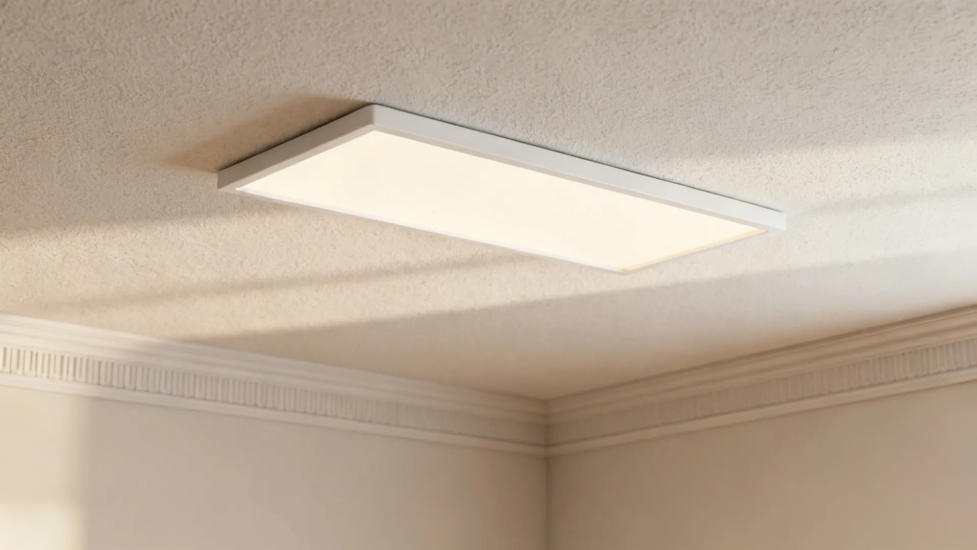 Slim flush mount LED panel on a textured ceiling, showing even warm illumination.