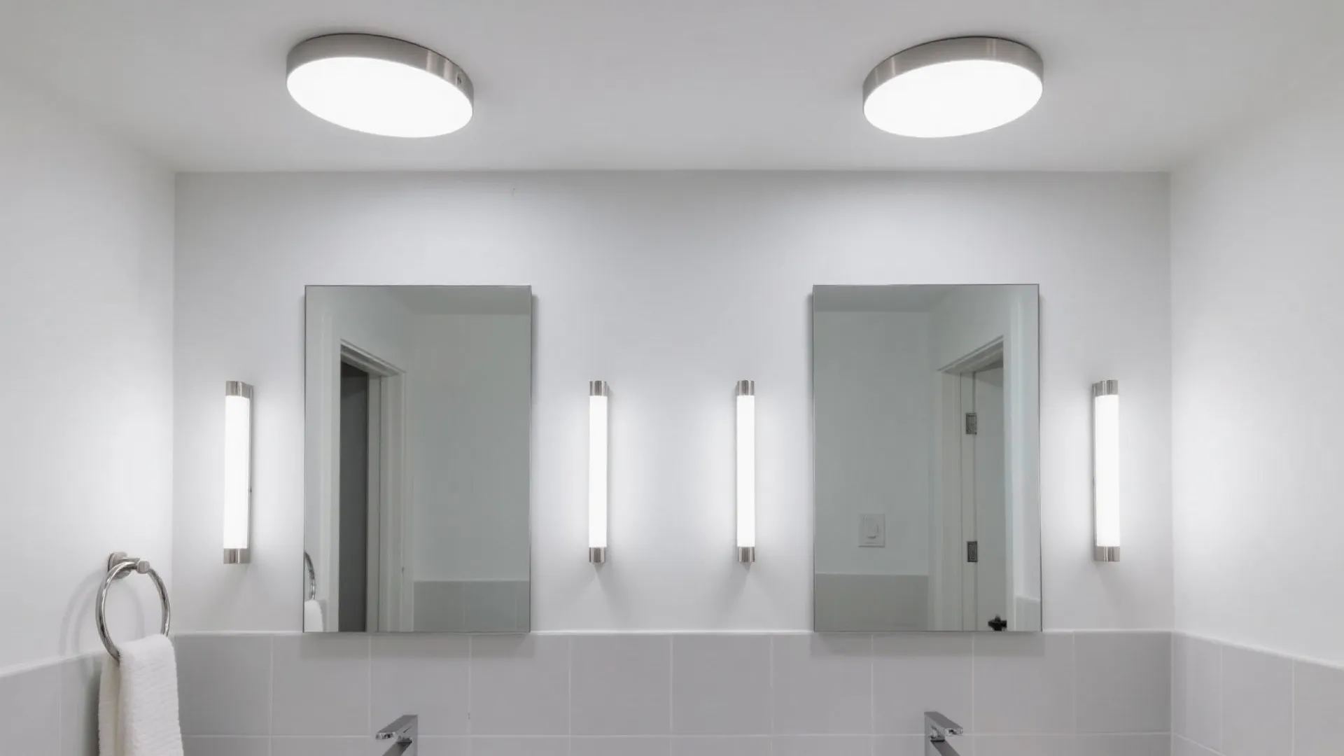 White bathroom wall with two mirrors four wall light fixtures and two round ceiling lights
