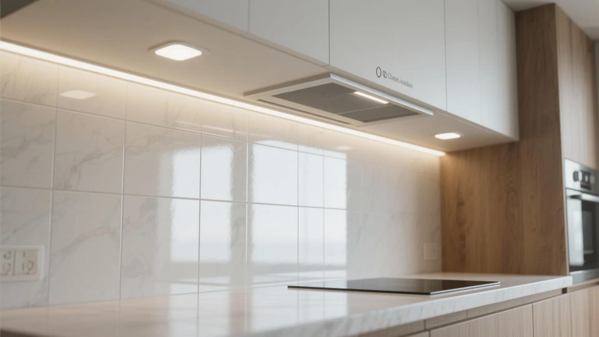 Modern white kitchen counter with bright ceiling lights reflecting on shiny marble wall tile surface