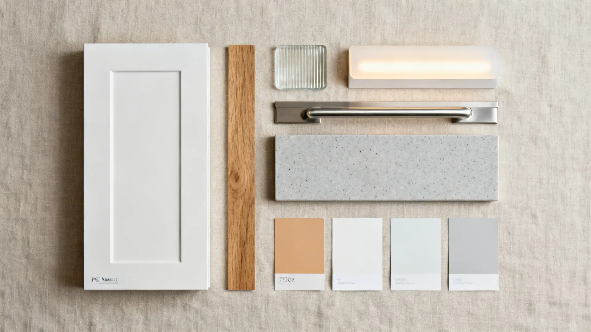 Flatlay of soft white PET front, oak veneer, reeded glass, quartz, and warm LED diffuser.