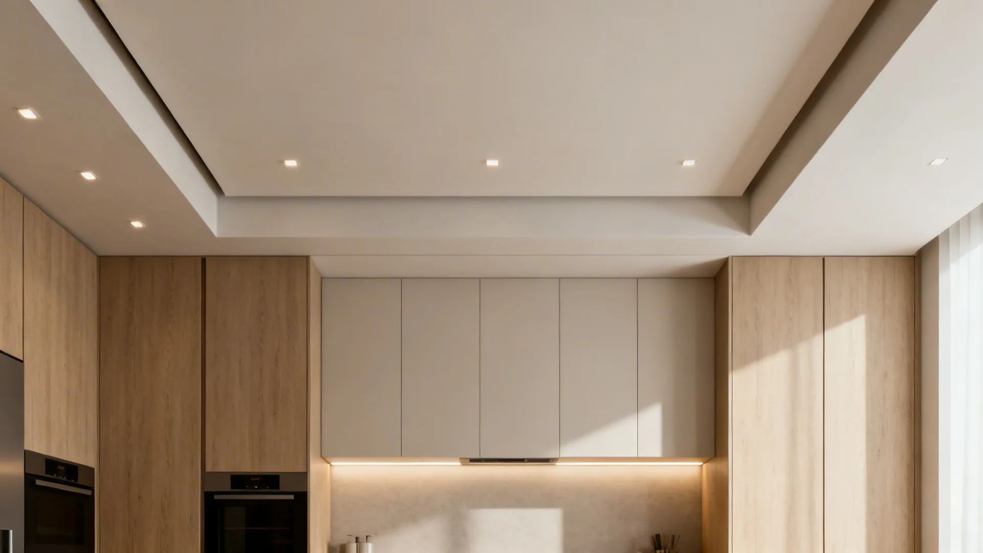 Minimalist kitchen with a flat gypsum ceiling, perimeter micro-reveals, and discreet high-CRI downlights.