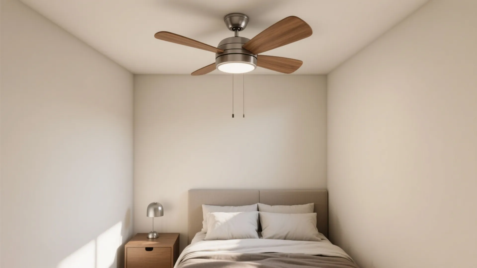Modern bedroom with white walls wooden bed and a ceiling light fan above the soft bed