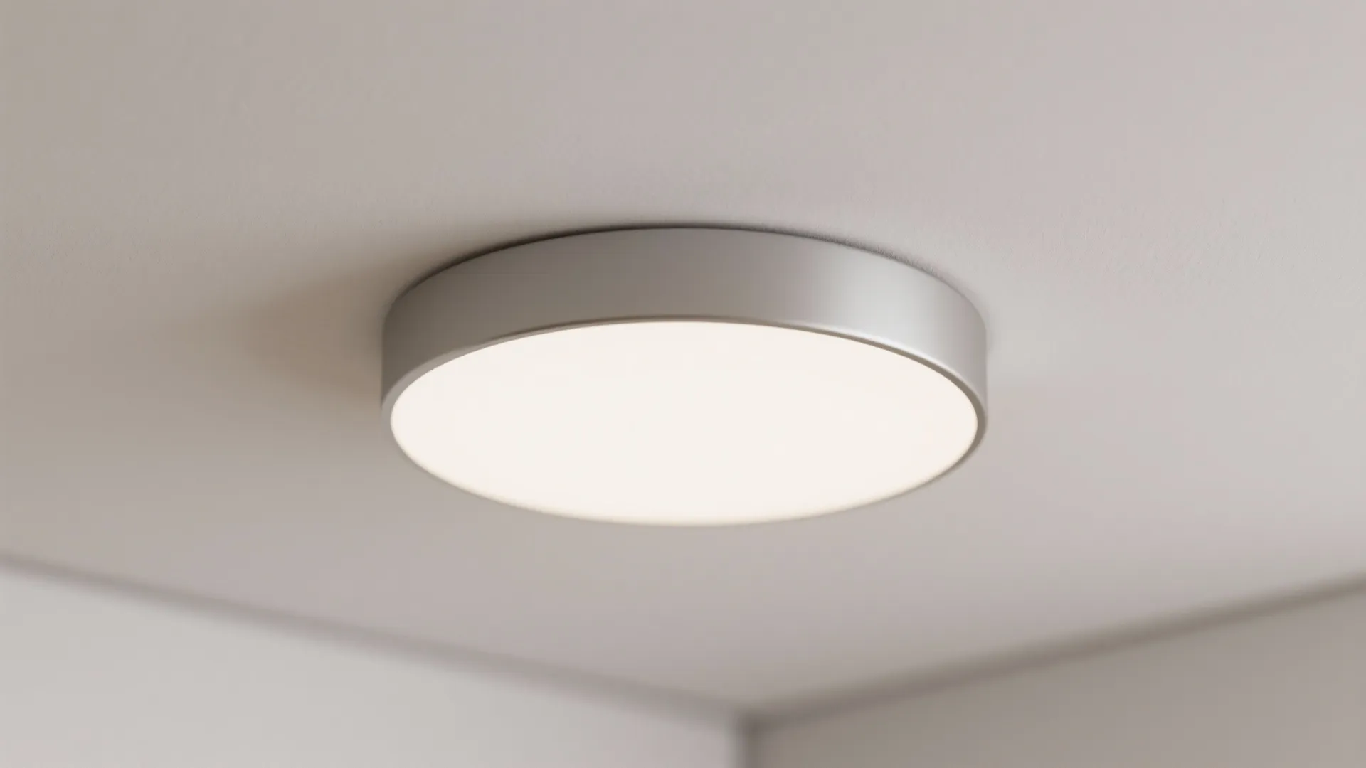 Modern round silver ceiling light fixture installed on a clean white ceiling for home lighting