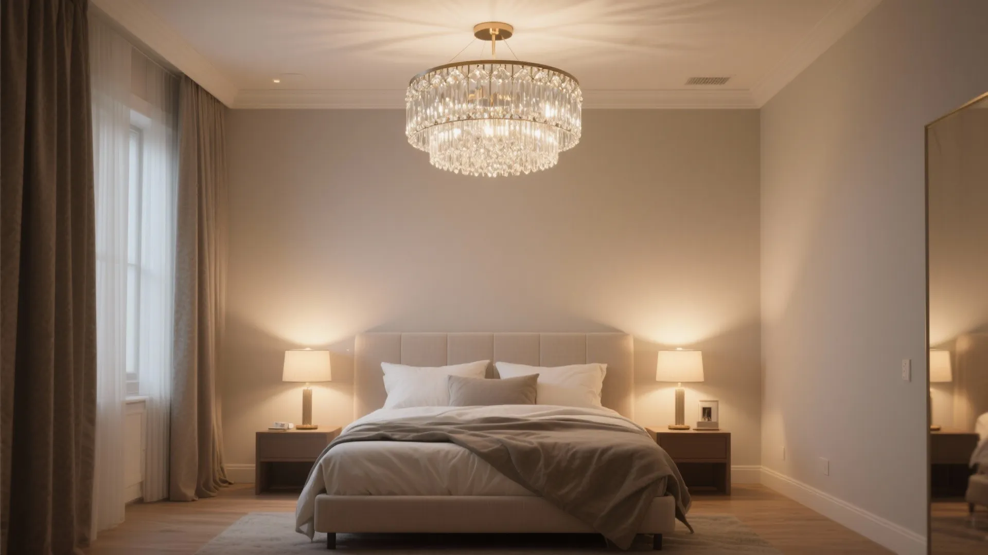 Low-ceiling bedroom with a flush-mount drum chandelier and bedside lamps preserving headroom.