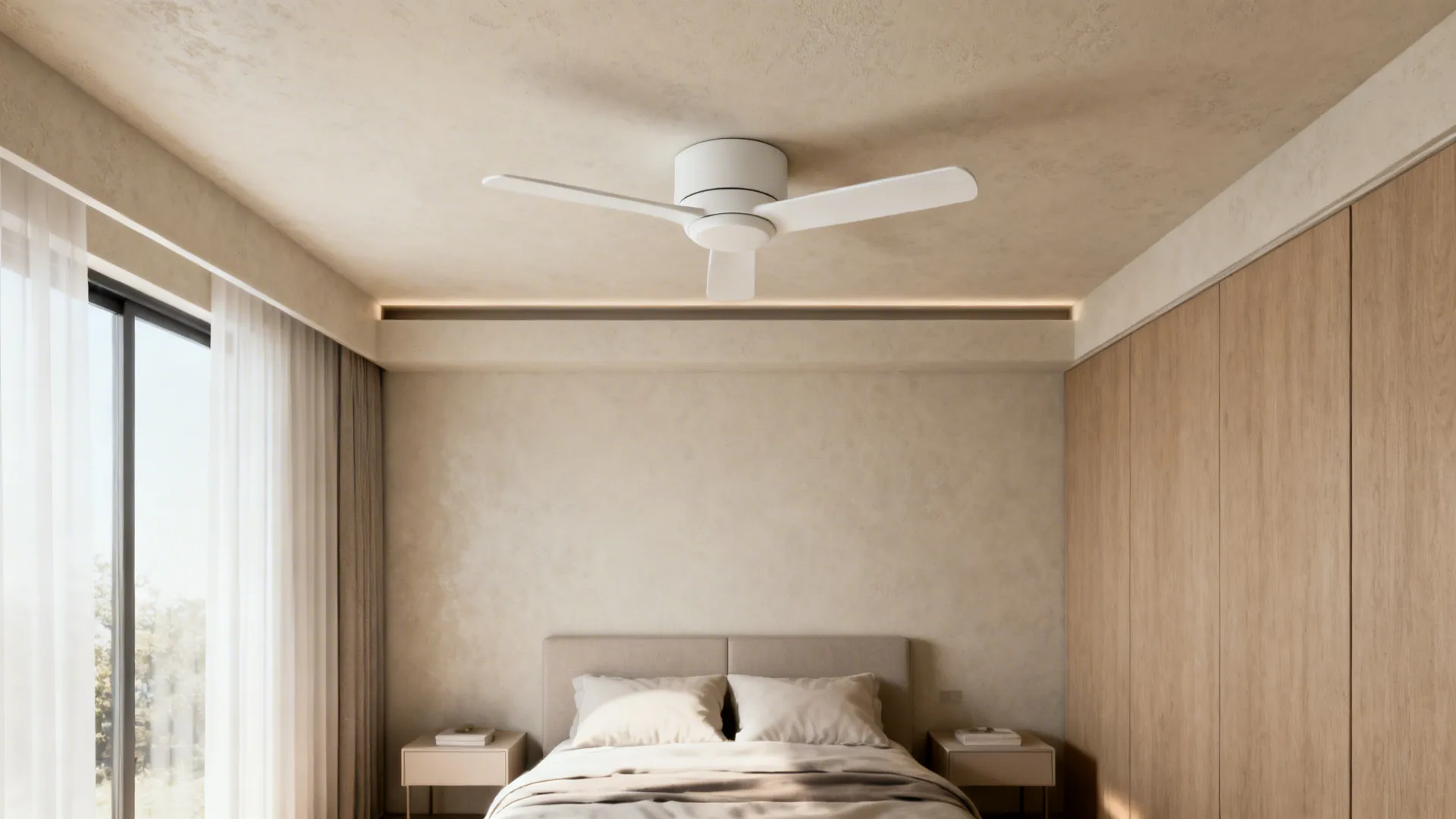 Compact bedroom with a low-profile flush-mount ceiling fan and minimalist decor under soft daylight.