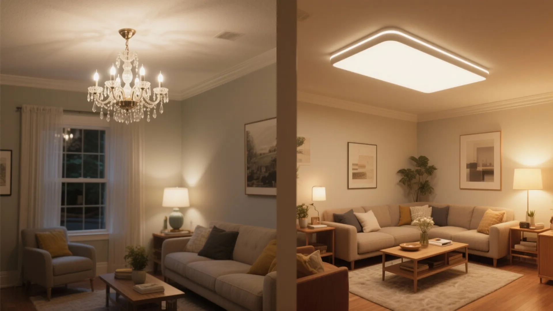 Before-and-after of a living room replacing a chandelier with an edge-lit LED flush mount.