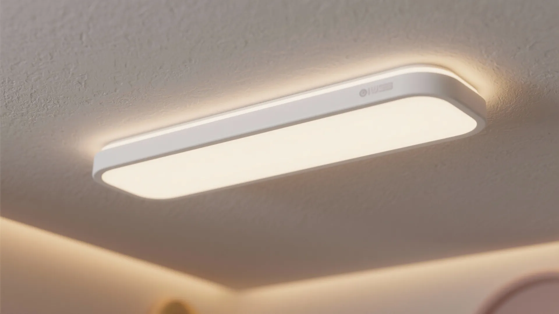 Close-up of a thin warm LED flush mount installed on a nursery ceiling