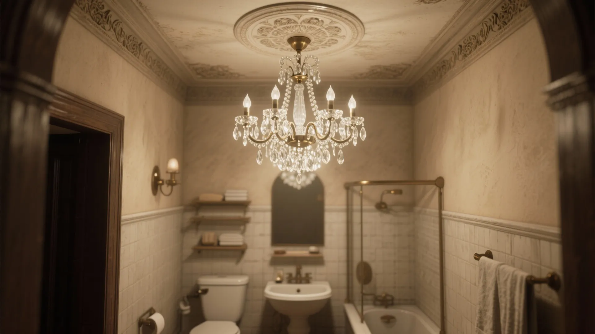 Elegant bathroom with a crystal ceiling light, white sink, toilet, and shower area with tiles