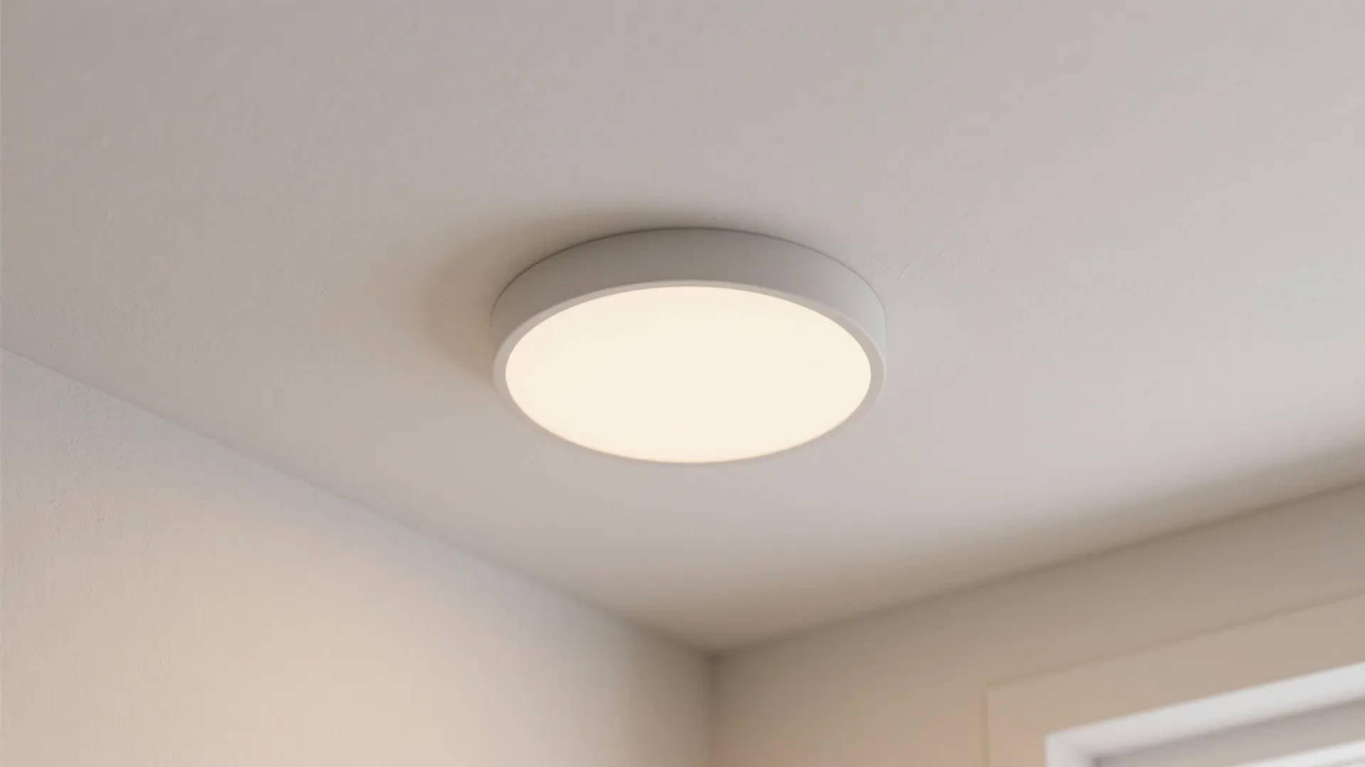 Single round white ceiling light mounted on a plain white ceiling in a bright room