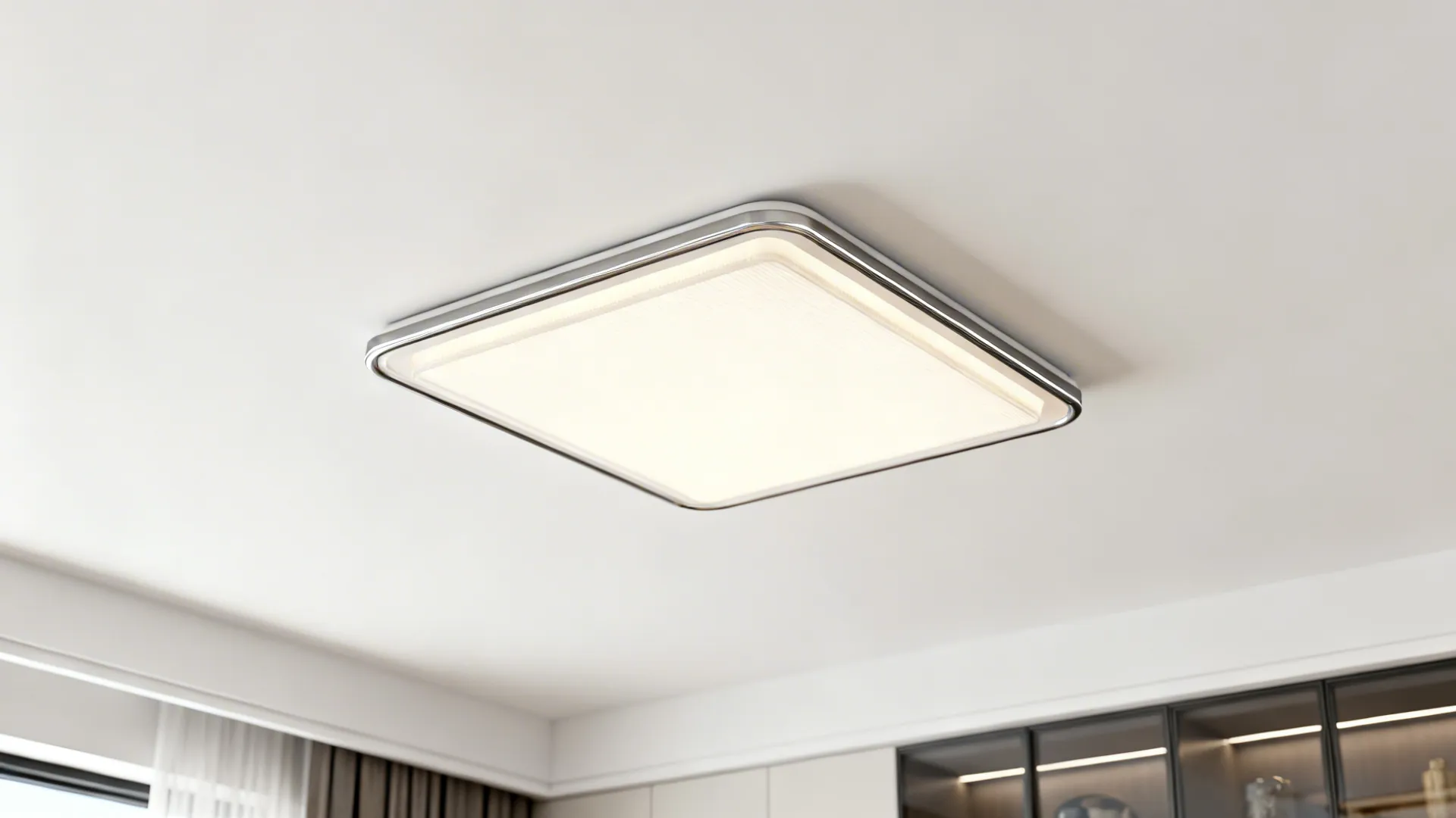 Close-up of a low-profile LED flush mount with metallic trim on a white ceiling