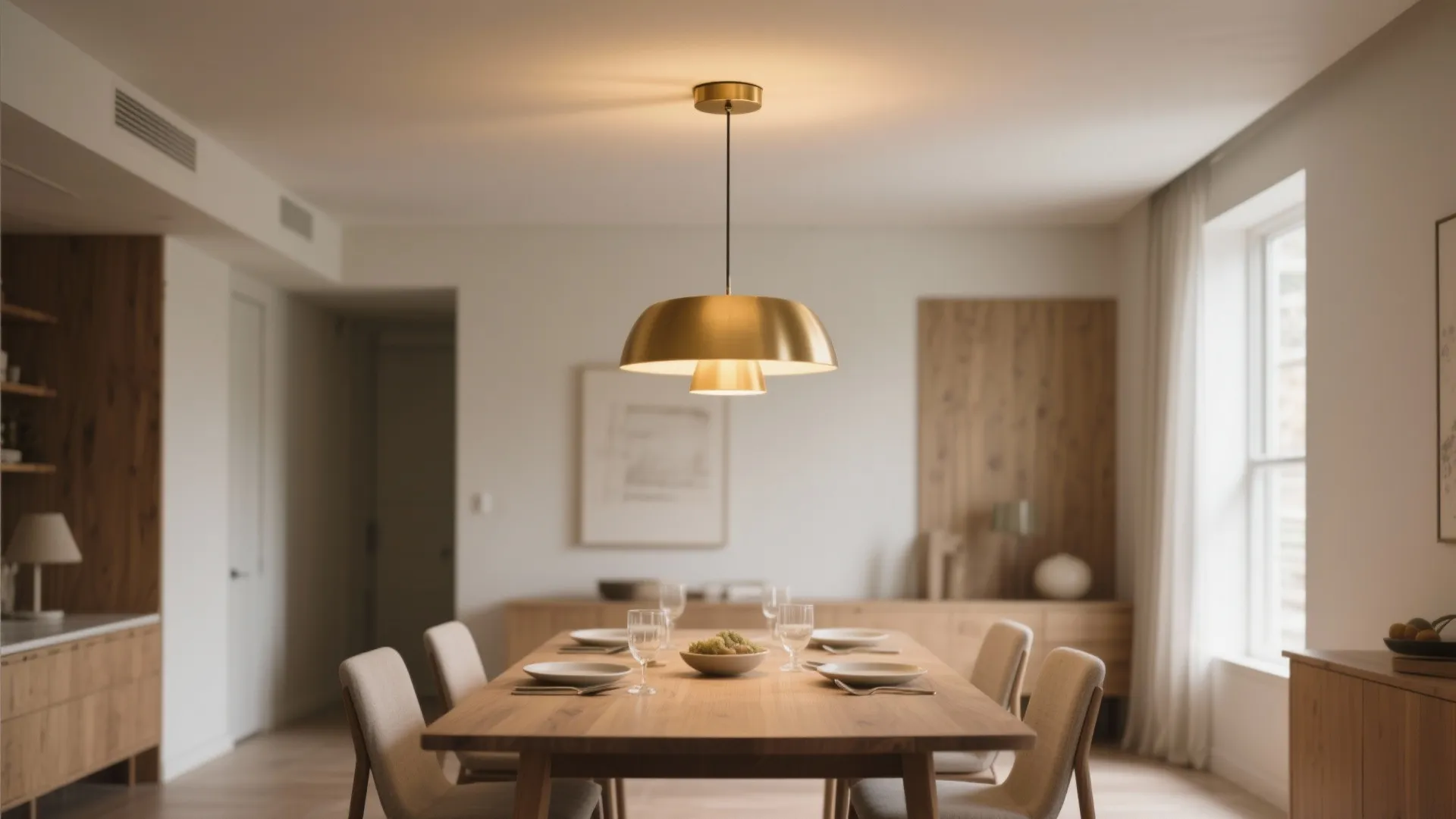 Low ceiling dining room with matte brass flush mount lighting