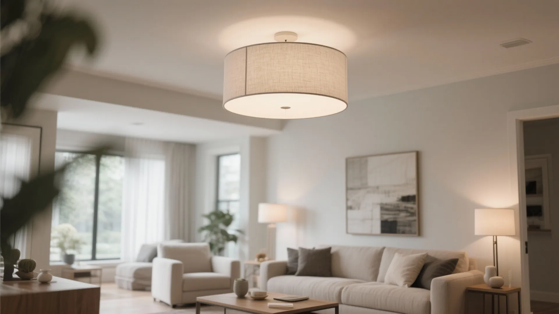 Flush-mount drum ceiling light in modern living room