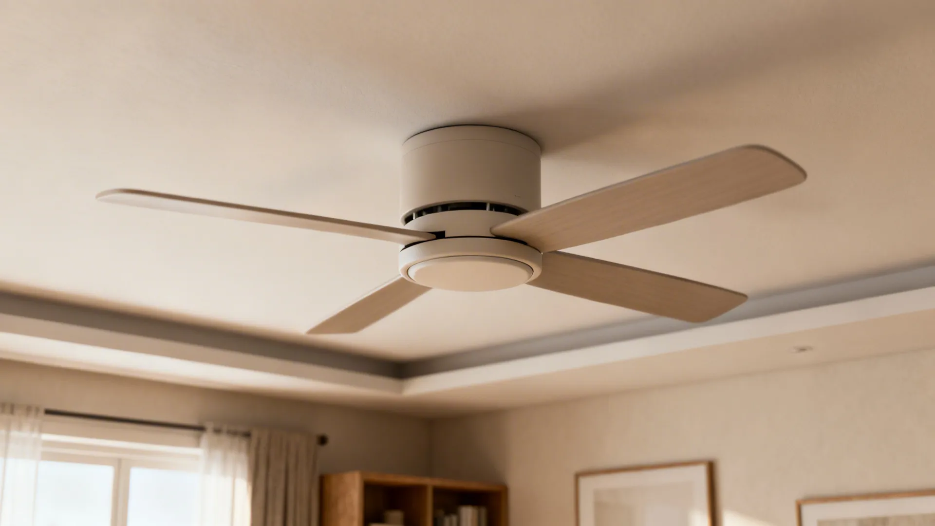 Flush-mount ceiling fan on a low ceiling in a small living room