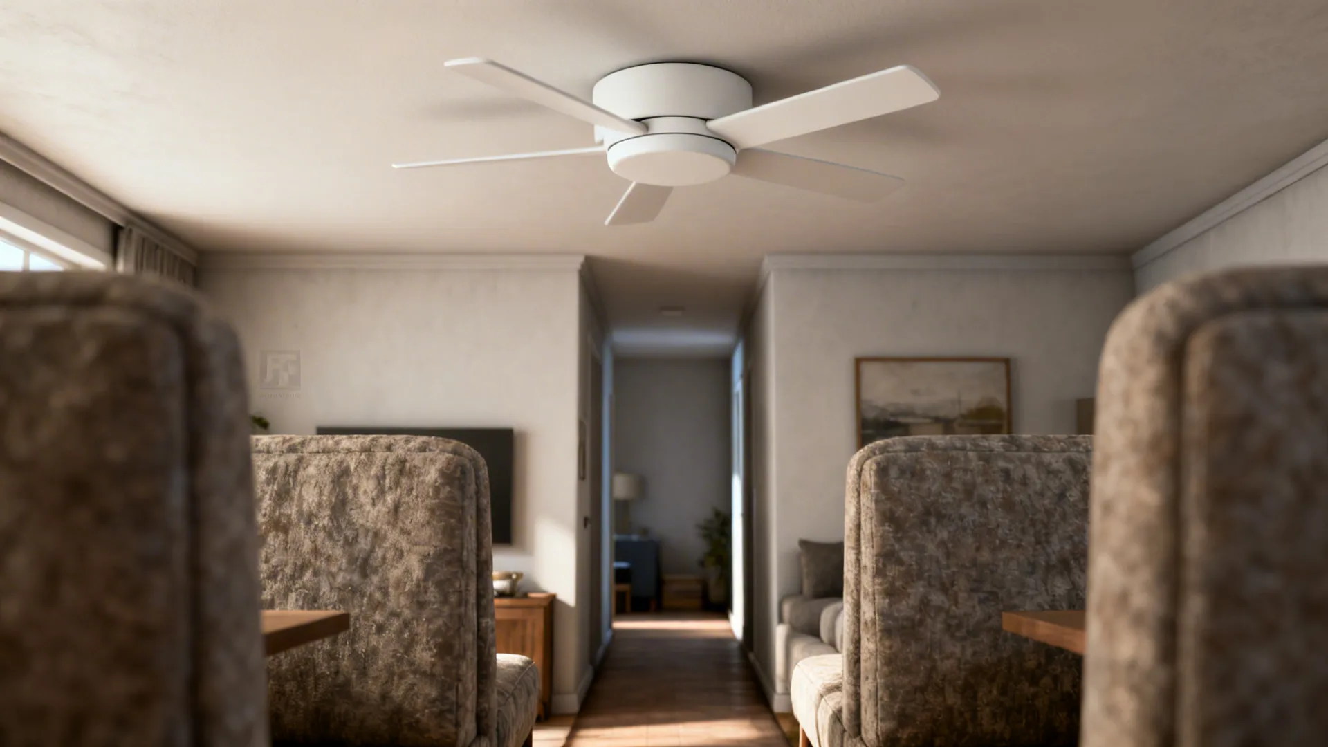Low-profile flush mount ceiling fan on a low ceiling above seating, showing headroom and circulation.