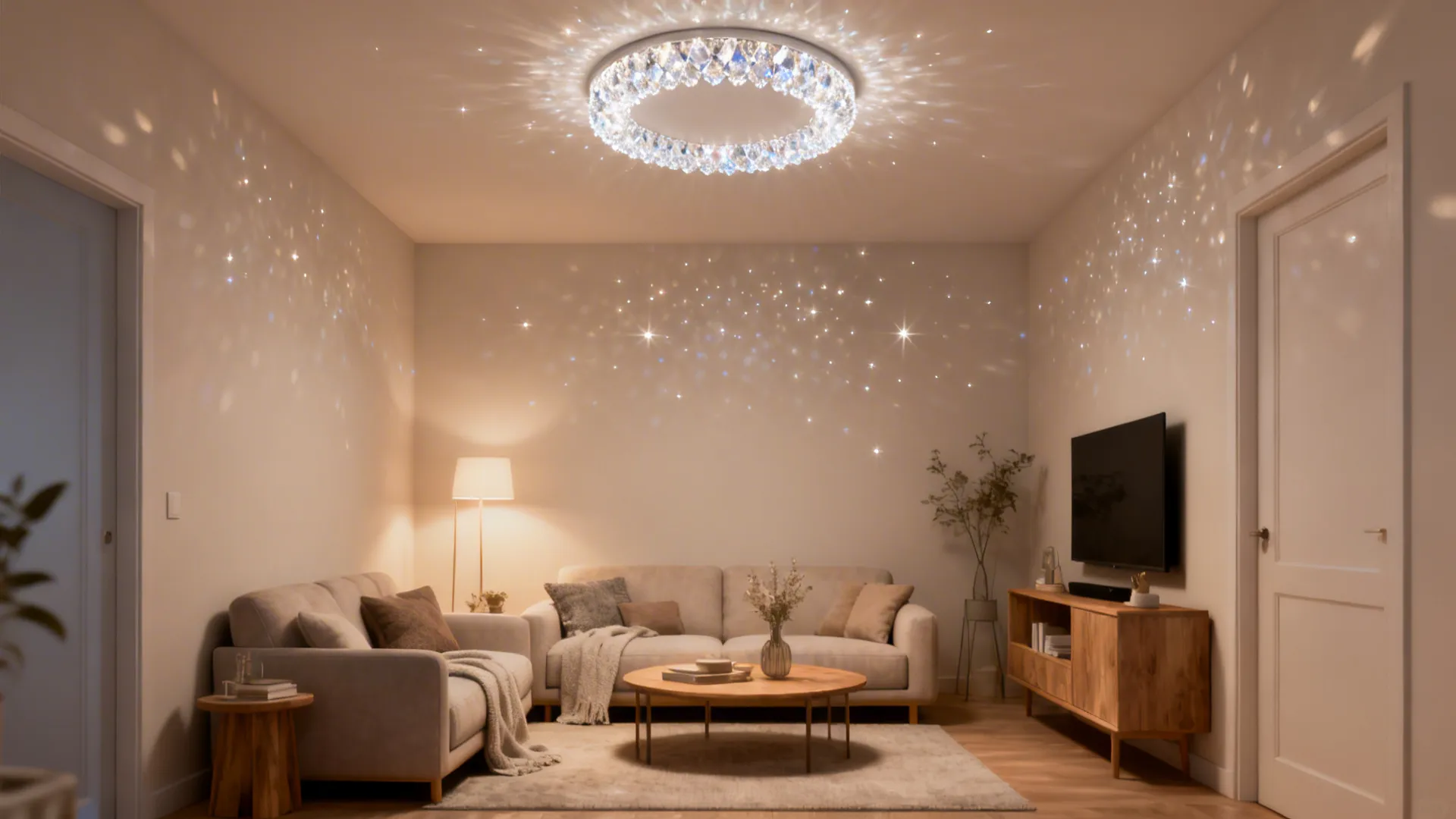 Cozy low-ceiling living room with a flush-mount crystal halo emitting even ambient light.