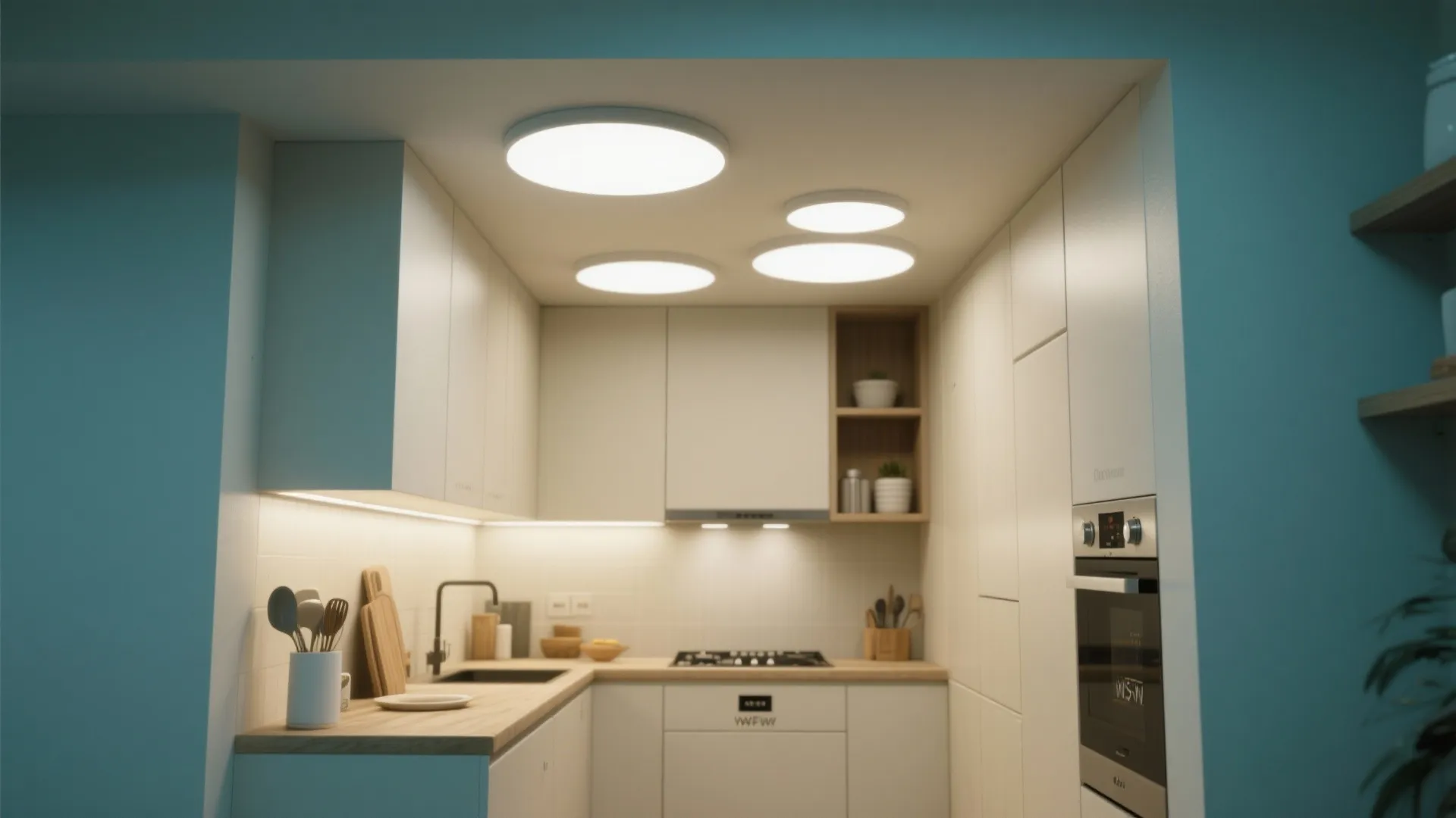 Small white kitchen with round flat ceiling lights wooden countertops and blue walls in modern apartment