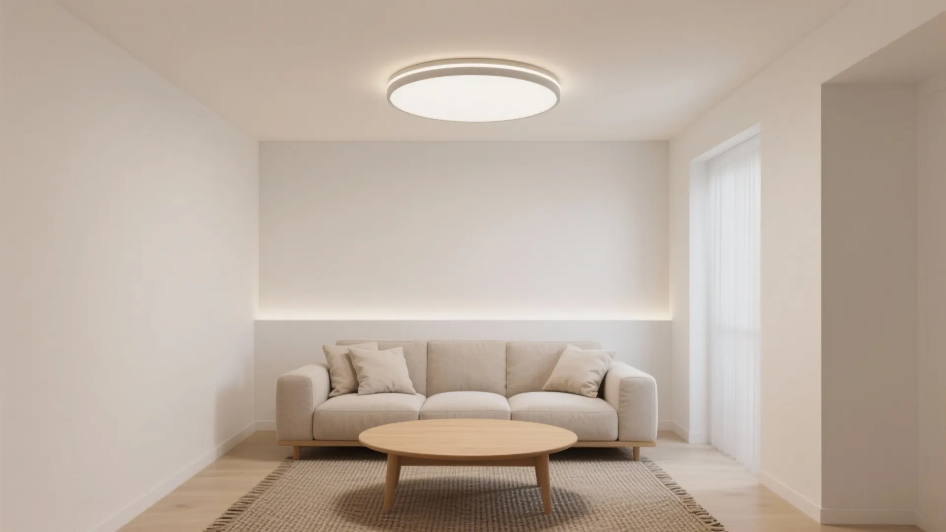 Minimalist flush mount LED light in a small modern living room with soft 3000K glow.