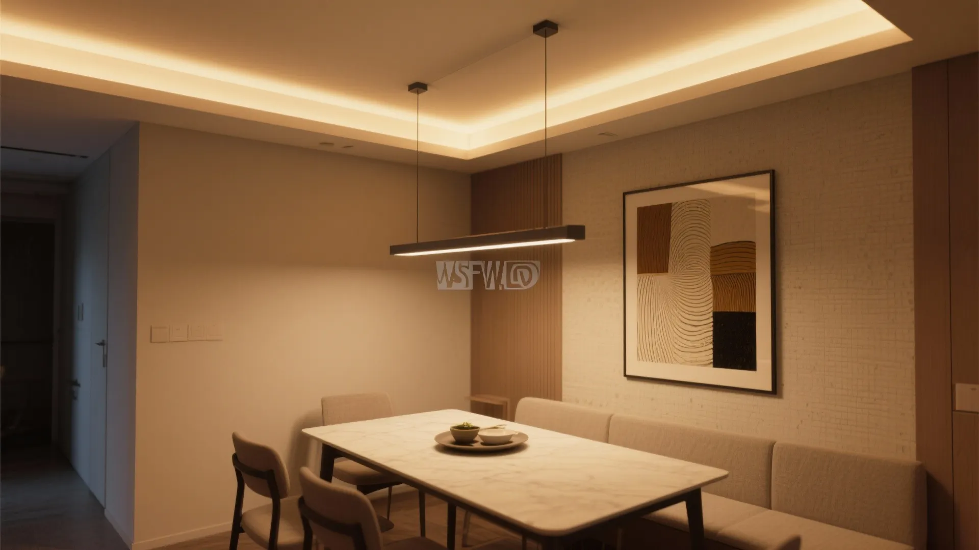 Minimalist dining space featuring marble table beige bench long black ceiling light and framed art