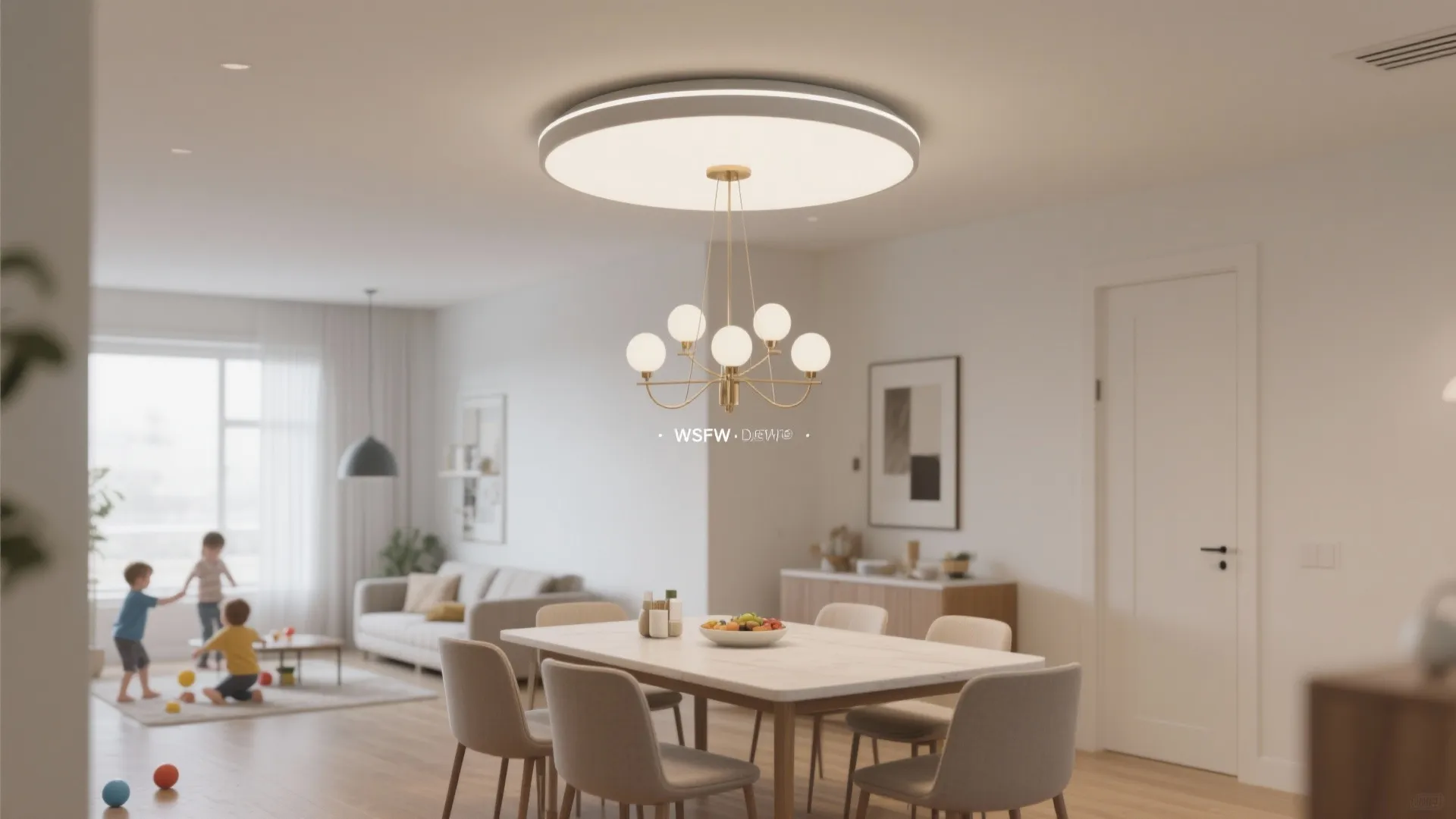 Modern dining room with round ceiling light and table where children play in the background