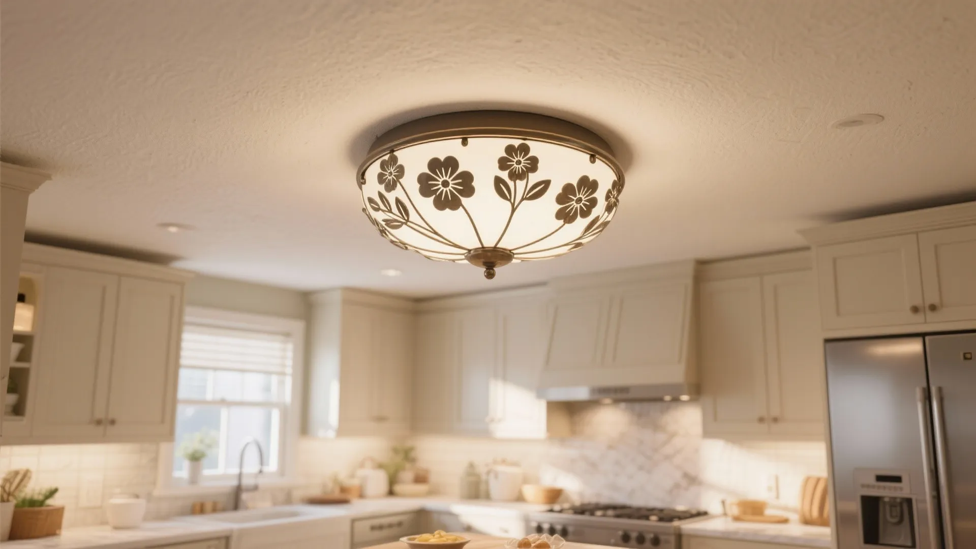 Round ceiling light with floral pattern installed in a bright kitchen with white wooden cabinets