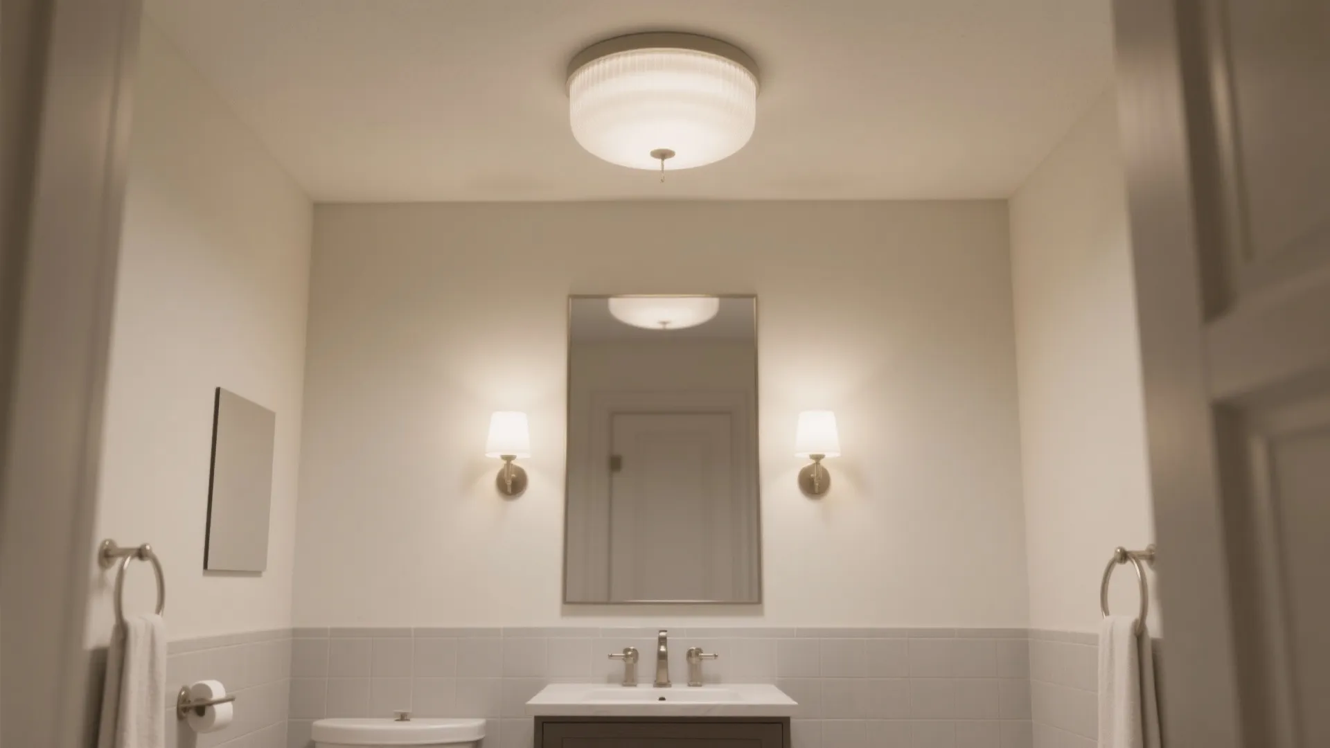 Modern bathroom vanity featuring white sink mirror round ceiling light two wall lights and tiles