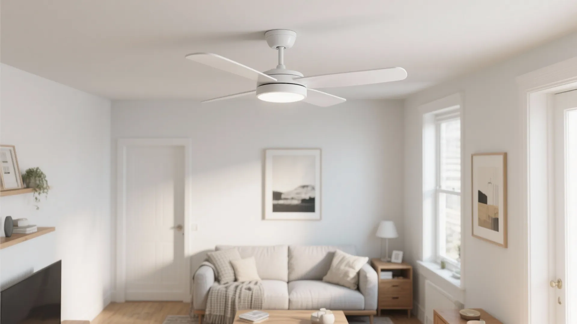 Compact living room featuring a low-profile flush mount ceiling fan in matte white, clear sightlines, and minimal visual clutter.