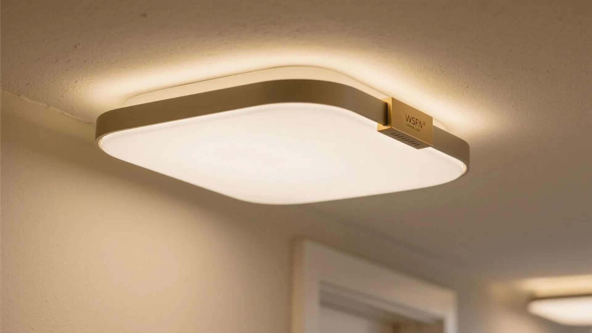 Close-up of a low-profile flush mount with opal diffuser casting warm, even light in a hallway.